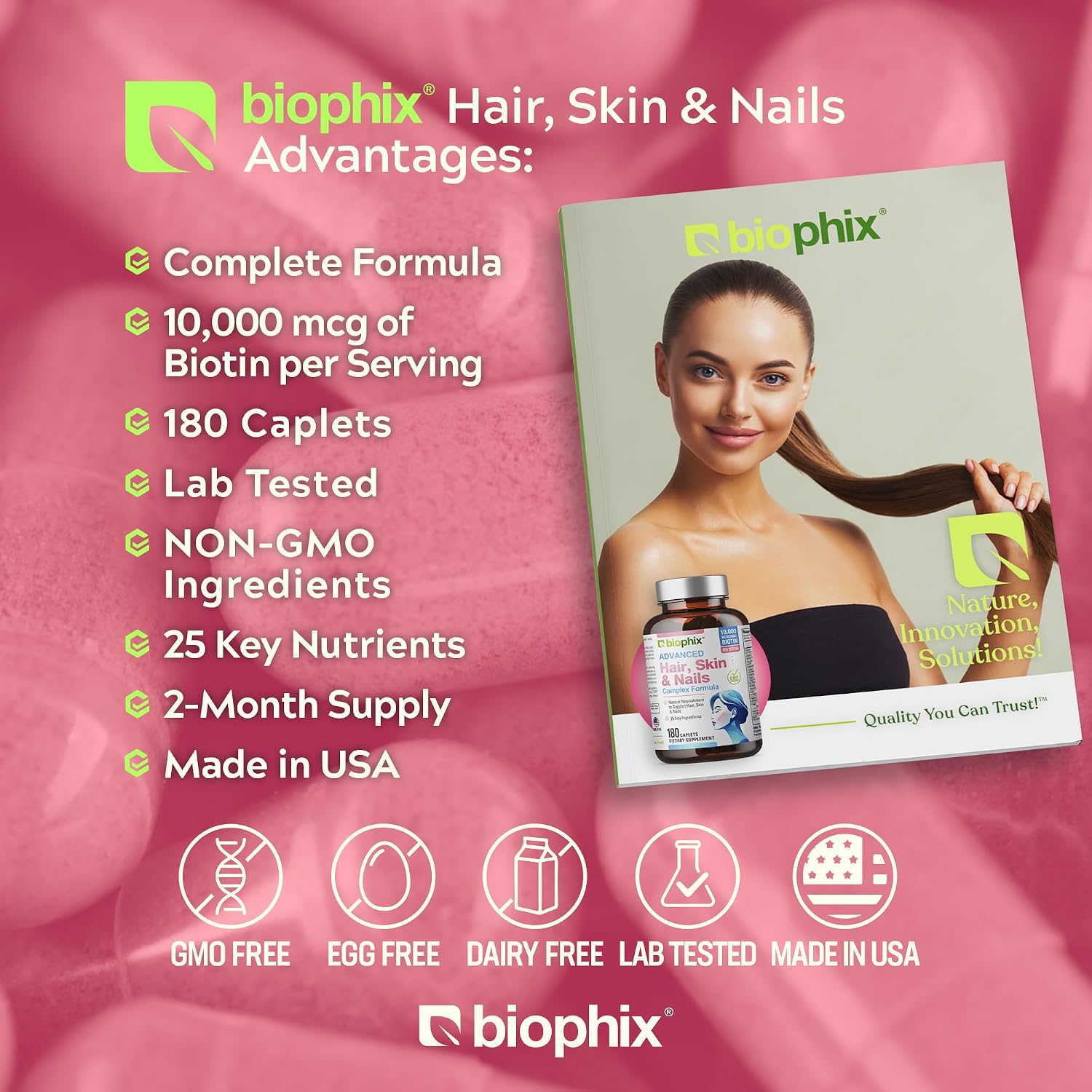 biophix Hair Skin and Nails Complex - 180 Caplets con 10.000 mcg de Biotina