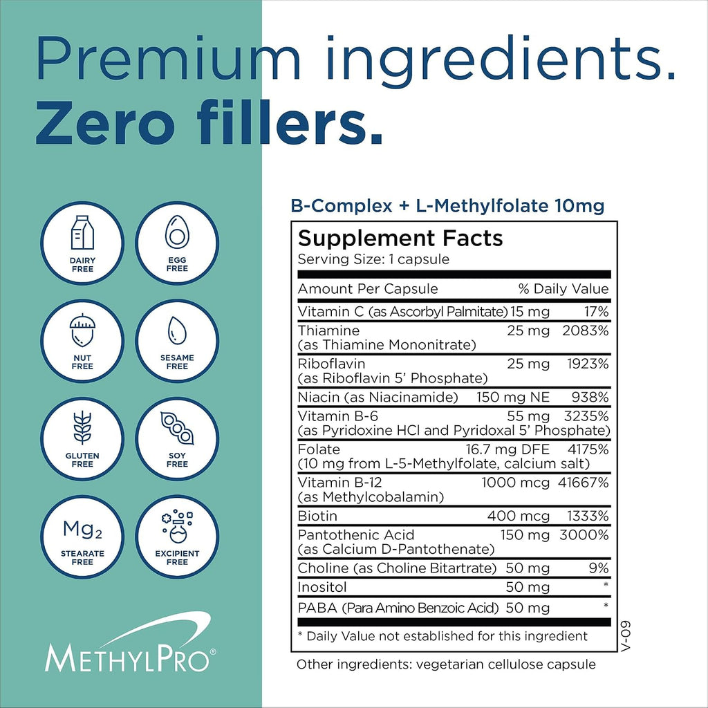 MethylPro B Complex + L-Methylfolate 10 mg - Complejo B Metilado para Energía y Estrés - 30 Cápsulas
