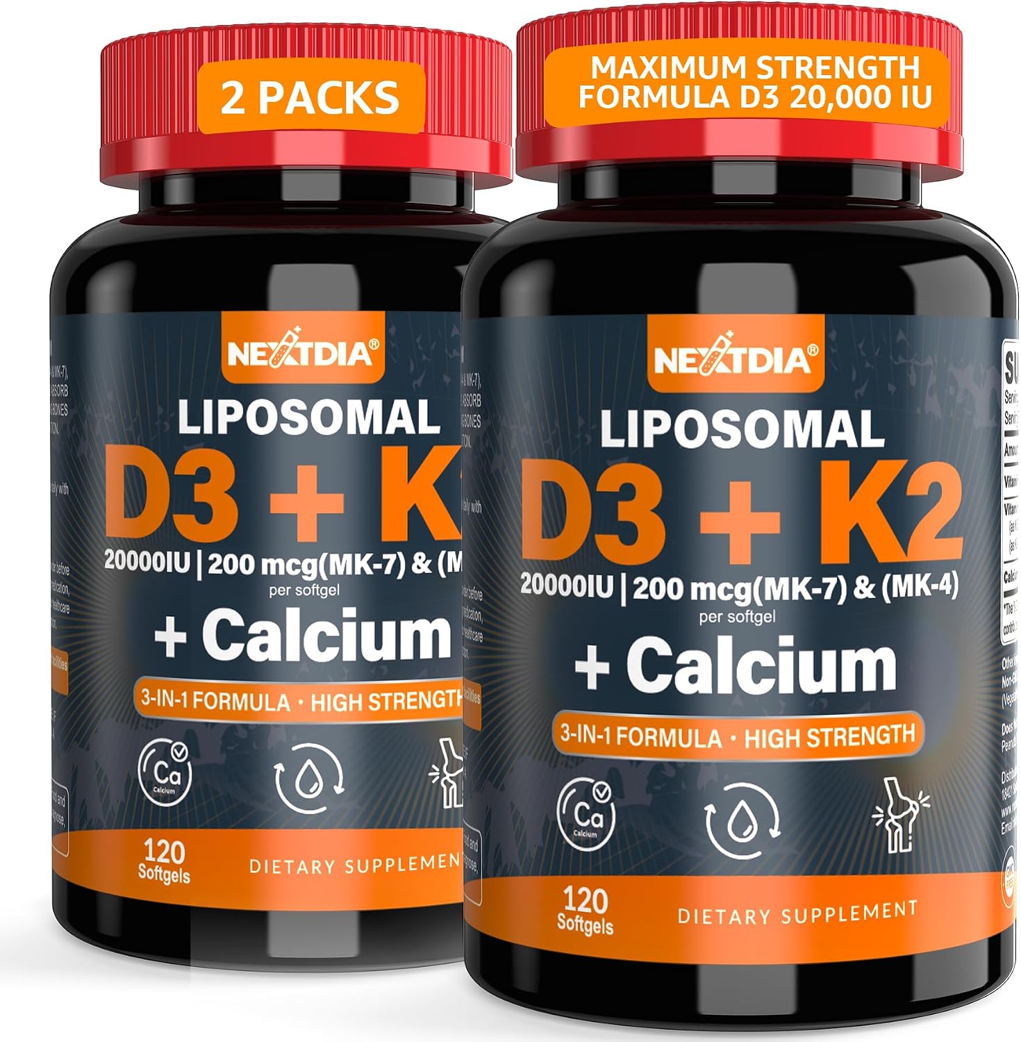 Nextdia Vitamina D3 20.000 UI + K2 (MK-4 y MK-7) 200mcg + Citrato de Calcio - Cápsulas blandas, 2 Paquetes (240 cápsulas)
