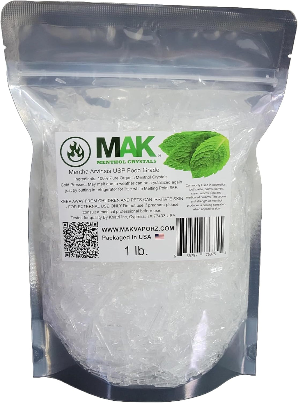 Mak Cristales de Mentol 1 LB (454 g) - Puro Orgánico 100% Natural - Menta Mentha Arvensis