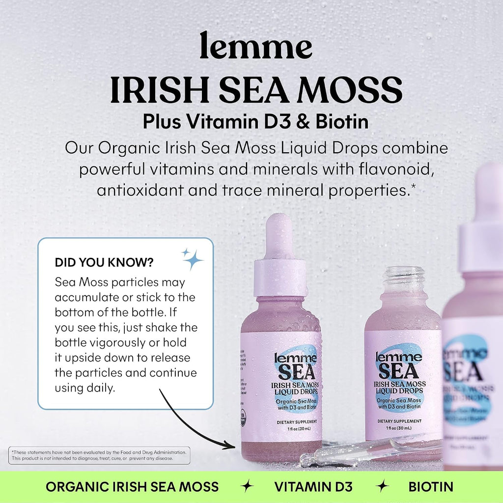 Lemme Irish Sea Moss Orgánico Gotas Líquidas con Vitamina D3 y Biotina, 30 ml