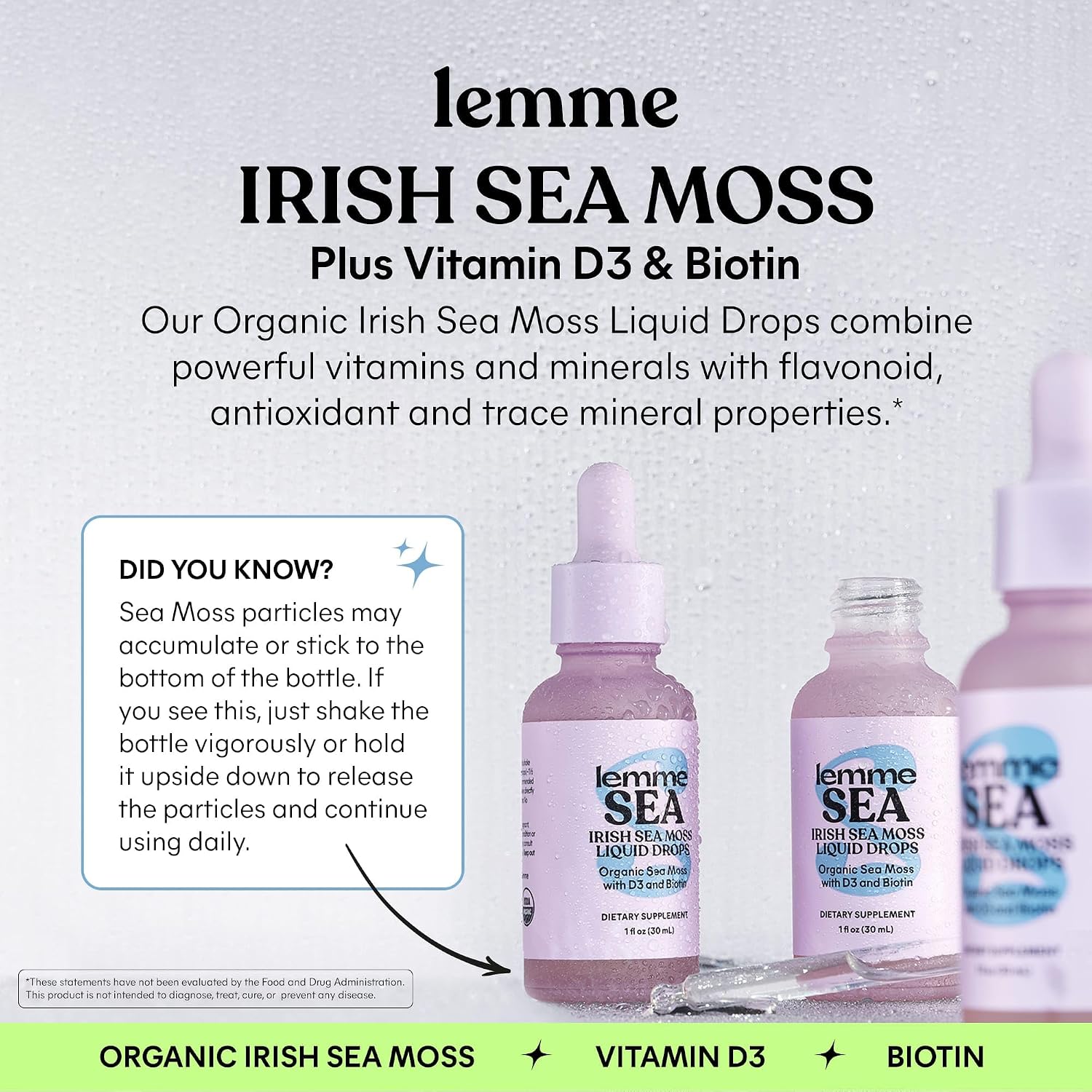 Lemme Irish Sea Moss Orgánico Gotas Líquidas con Vitamina D3 y Biotina, 30 ml