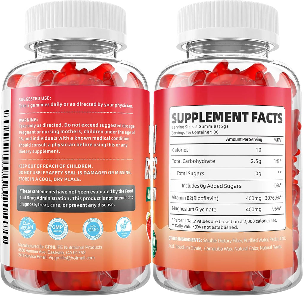 GrnLife Gominolas de Vitamina B2 (Riboflavina) 400mg con Magnesio - 120 Gominolas Sabor Fresa