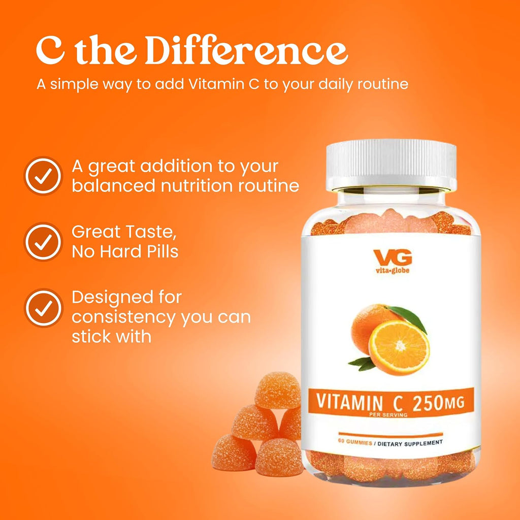 VITA GLOBE Gomitas de Vitamina C 250 mg con Colágeno, Vegano, Sabor Naranja, 60 unidades (Paquete de 2)