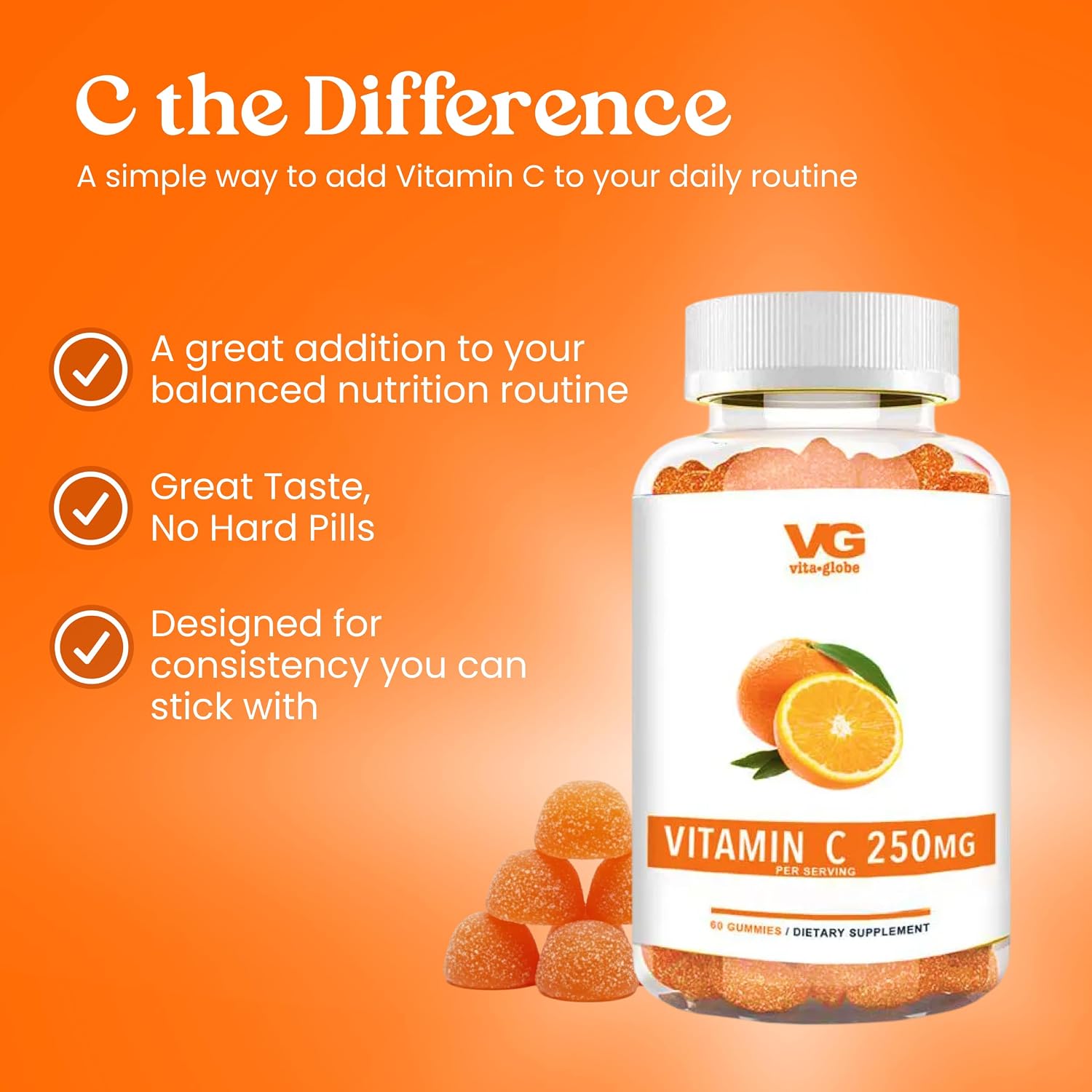 VITA GLOBE Gomitas de Vitamina C 250 mg con Colágeno, Vegano, Sabor Naranja, 60 unidades (Paquete de 2)