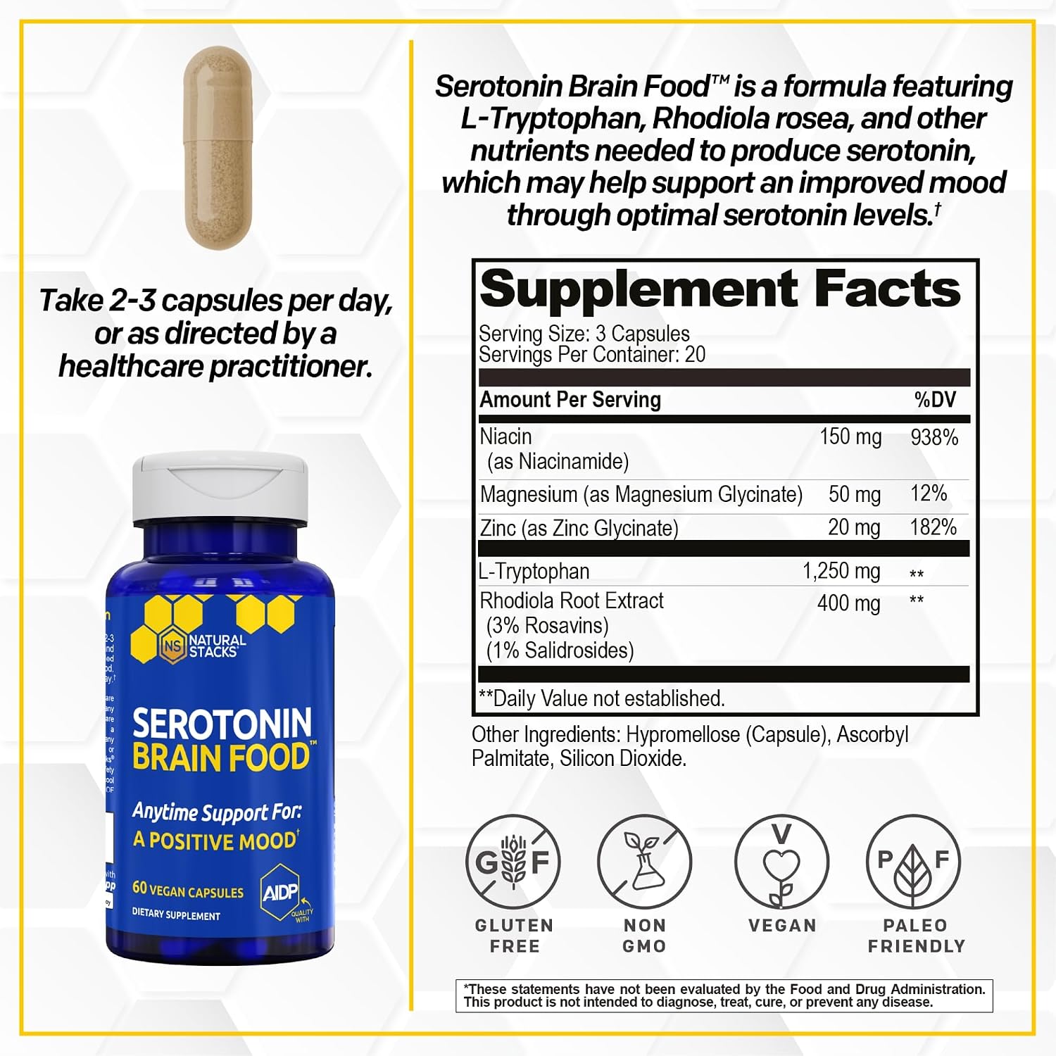 Serotonin Brain Food - 1250mg L-Tryptophan & 400mg Rhodiola Rosea - Apoyo al Estado de Ánimo - 60 Cápsulas