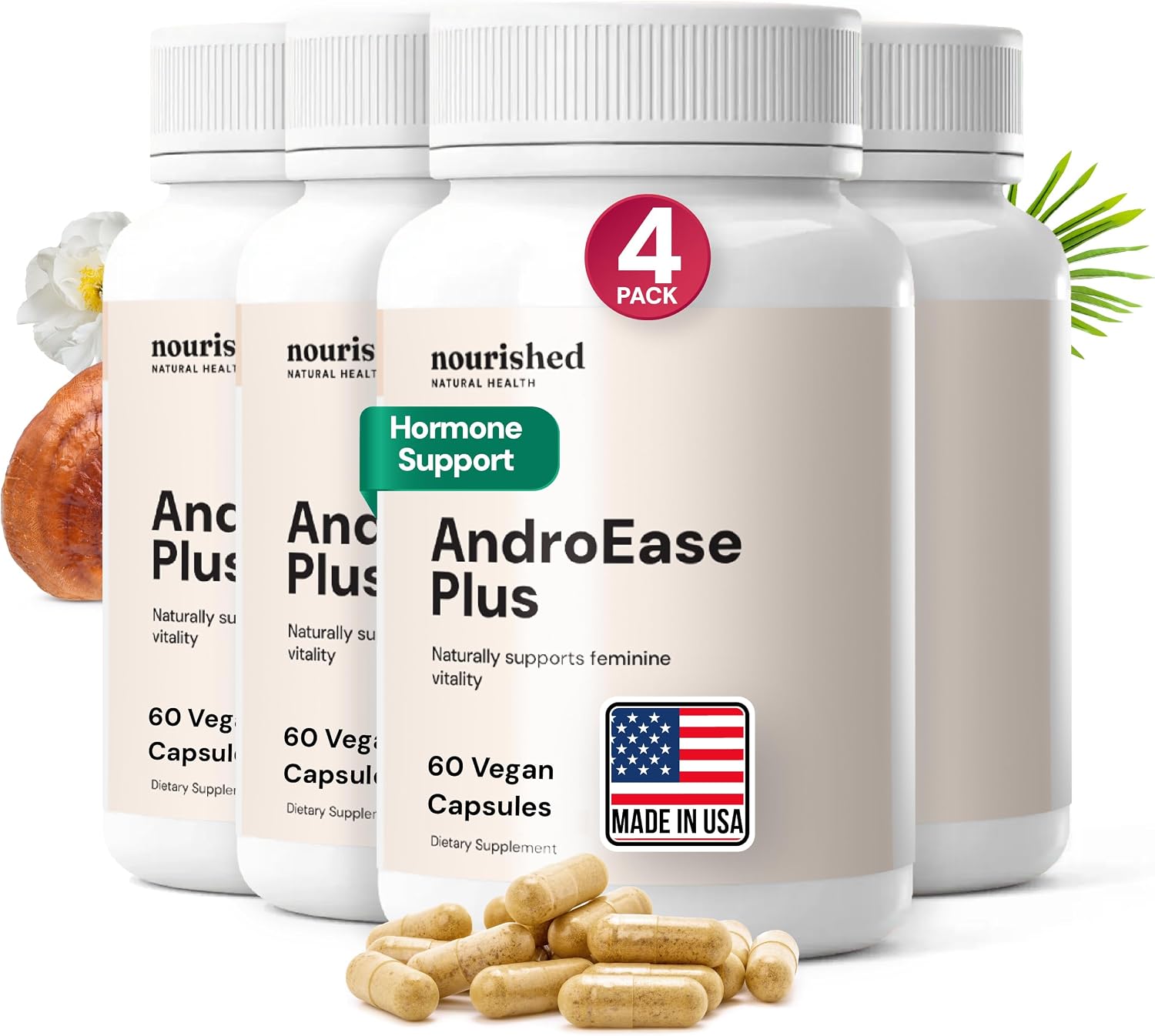 Nourished AndroEase Plus - Equilibrio Hormonal Vegano para Mujeres - Zinc, Reishi, Té Verde y Saw Palmetto - para Energía, Vitalidad y Bienestar Diario - 60 Cápsulas, Hecho en EE.UU.