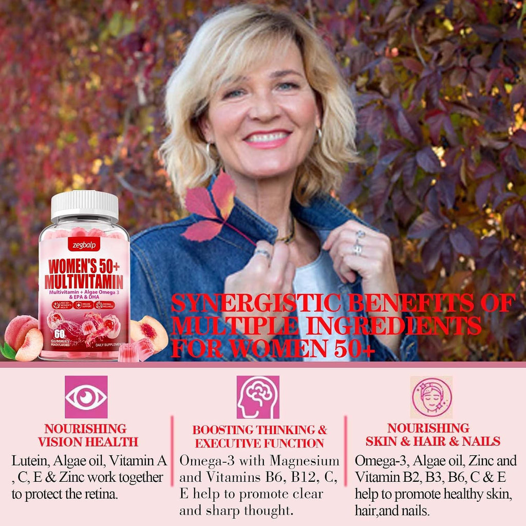 ZEGBALP Multivitamínico para Mujeres 50+ sin Azúcar - Gominolas con 24 Vitaminas y Minerales, Omega-3, DHA, EPA, Luteína