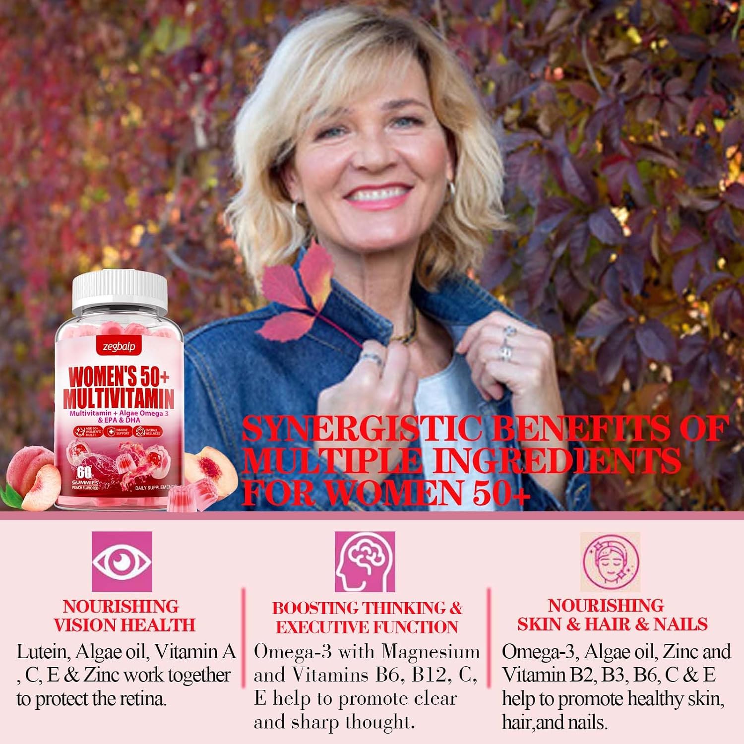 ZEGBALP Multivitamínico para Mujeres 50+ sin Azúcar - Gominolas con 24 Vitaminas y Minerales, Omega-3, DHA, EPA, Luteína