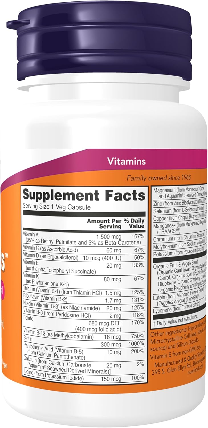NOW Foods Daily Vits con Mezcla de Frutas y Verduras, Luteína y Licopeno - 30 Cápsulas Vegetales