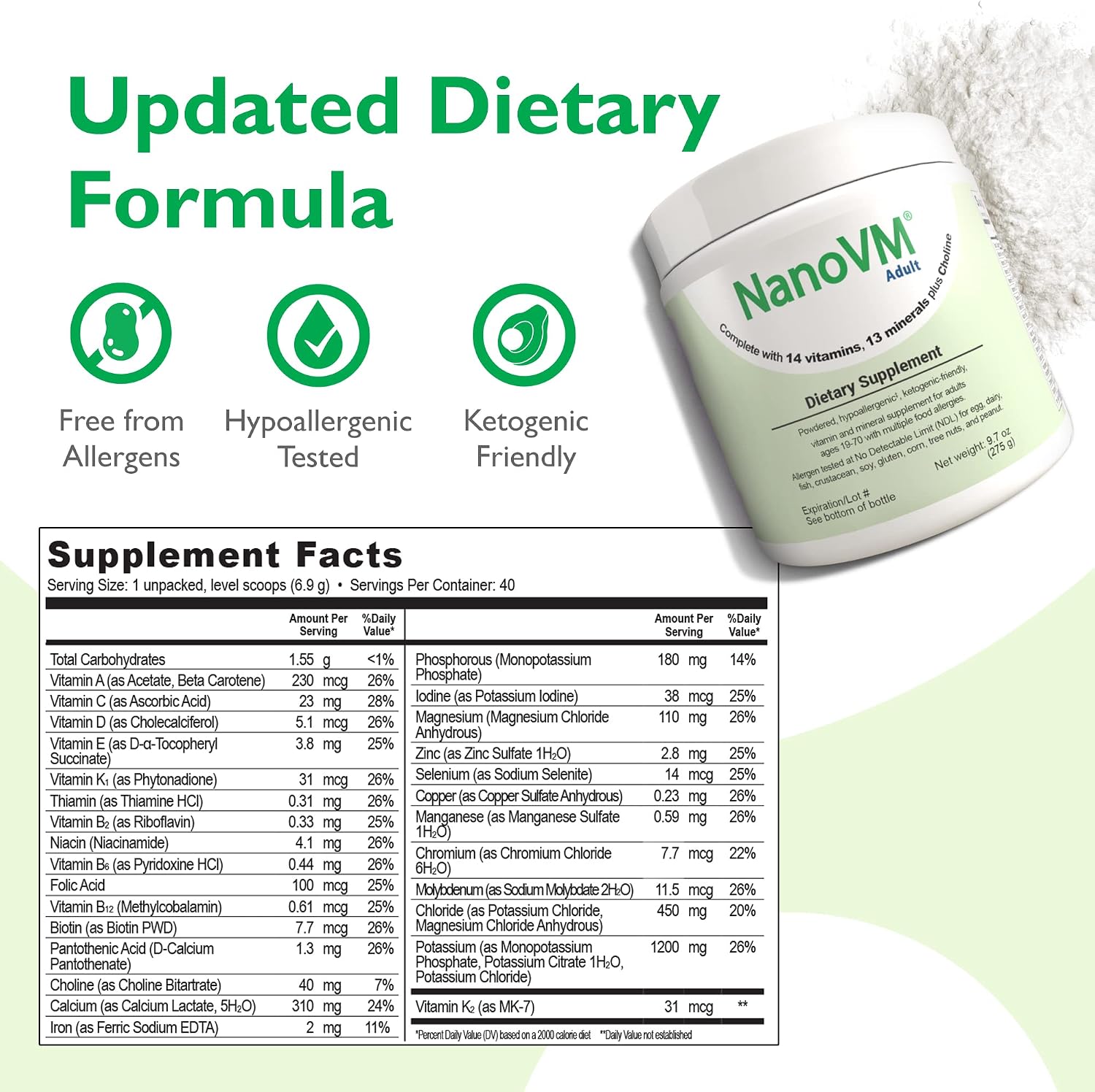 NanoVM Adult - Multivitamínico en Polvo Sin Alérgenos para Mujeres y Hombres, 275g