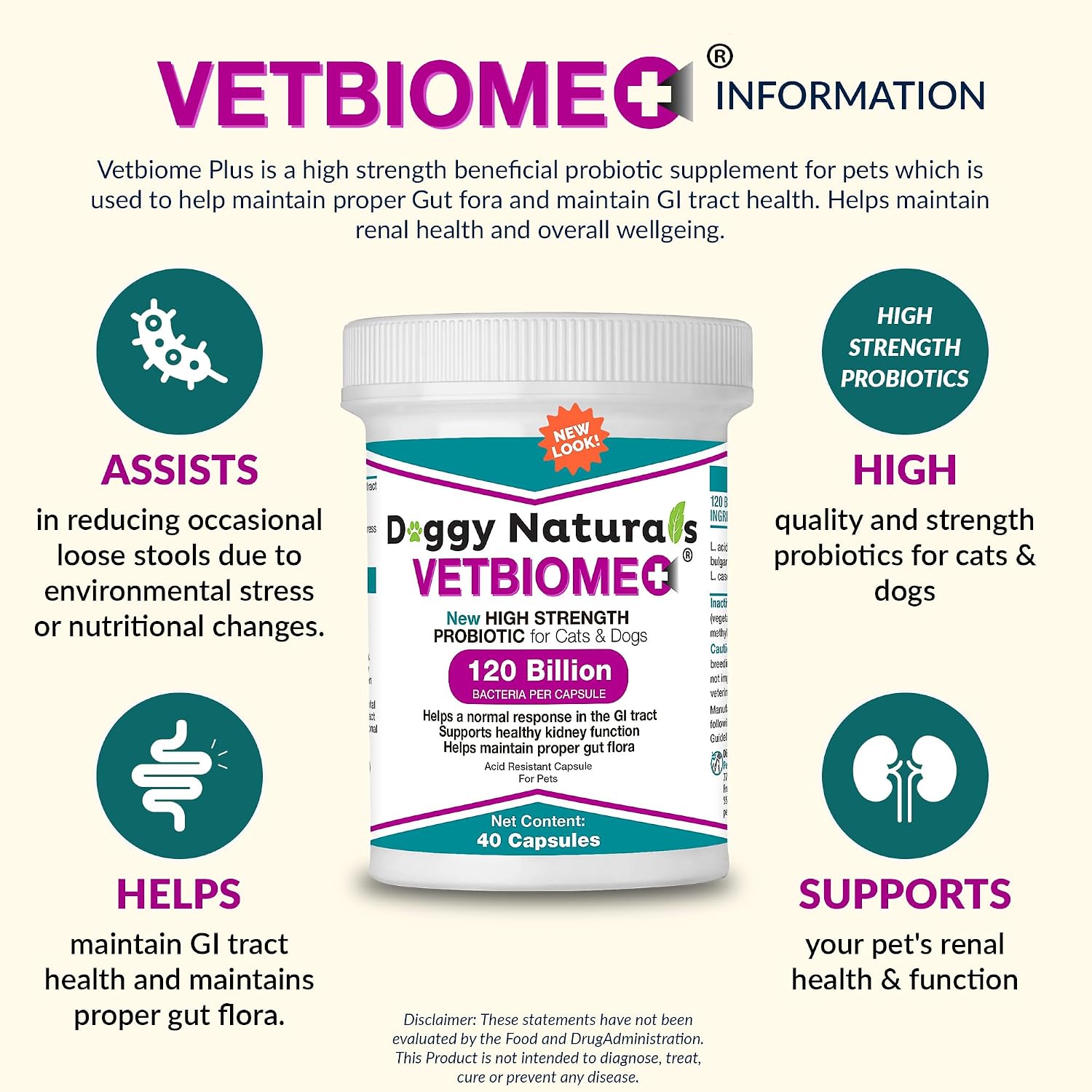 Vetbiome Plus Probióticos de Alta Potencia para Mascotas - 120 Mil Millones de UFC, 9 Cepas - 80 Cápsulas (2 Paquetes)