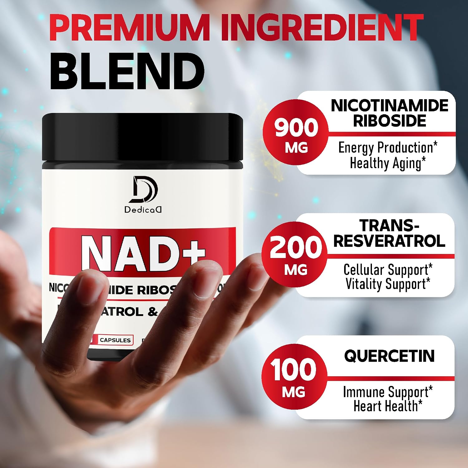 DEDICAD Suplemento NAD con Nicotinamida Ribósido, Trans-Resveratrol y Quercetina - 90 Cápsulas