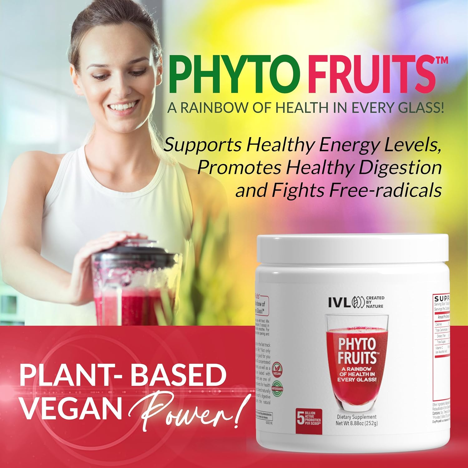 IVL Phyto Fruits Superfood Powder - 40 Frutas y Nutrientes + 6 Probióticos (252g, 30 raciones)