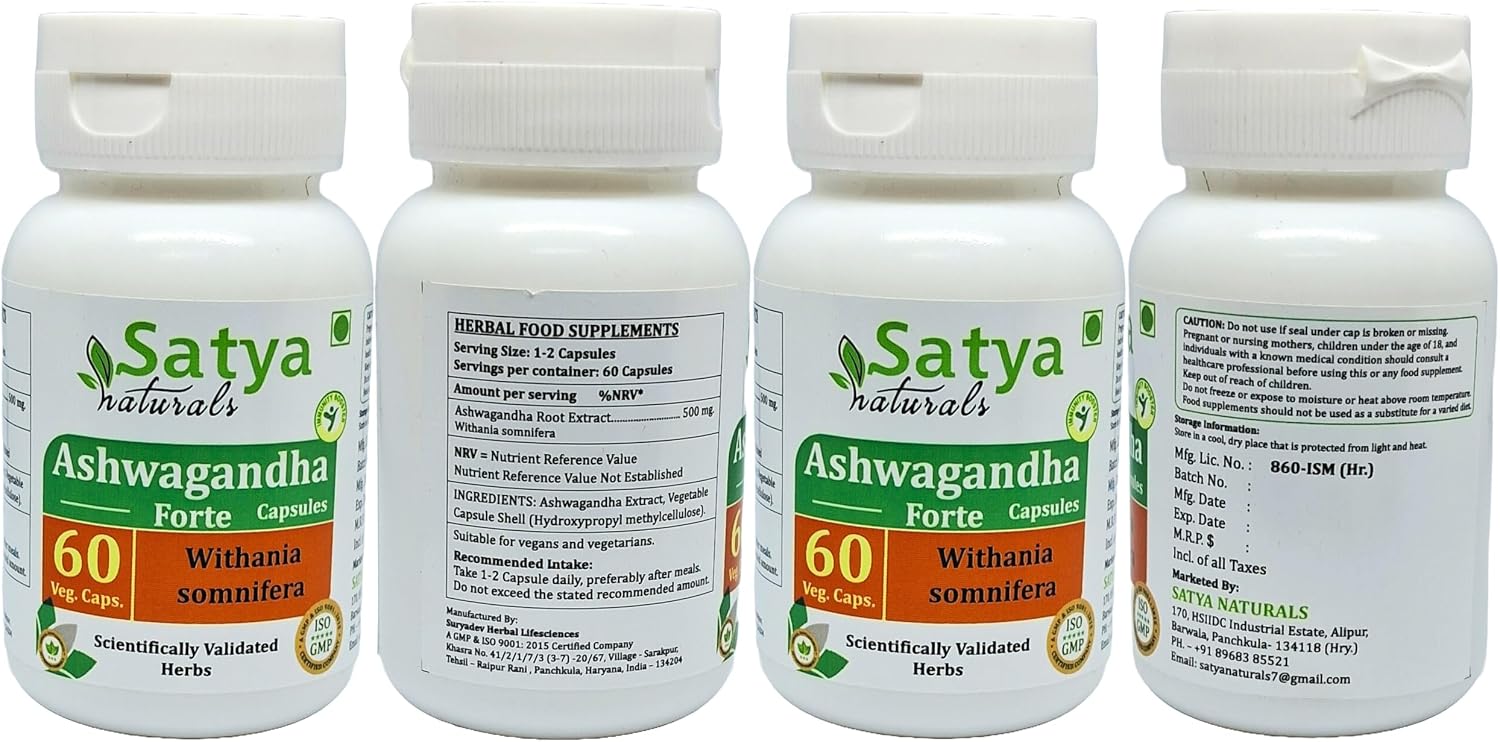 Ashwagandha Forte Cápsulas 500 mg – 60 Cápsulas Vegetales – Satya Naturals (Pack de 4)