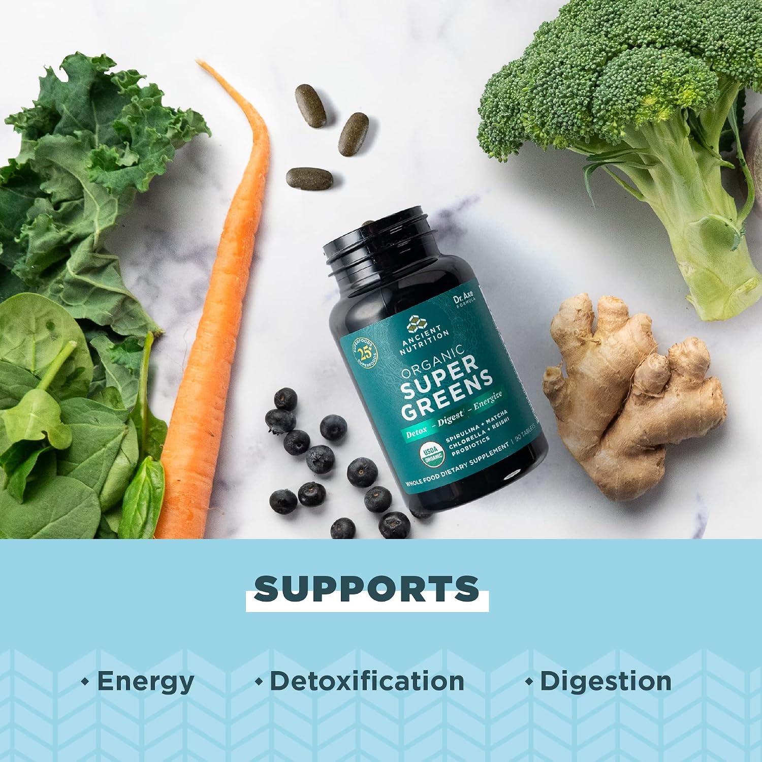 Ancient Nutrition Super Greens con Probióticos - 90 Comprimidos