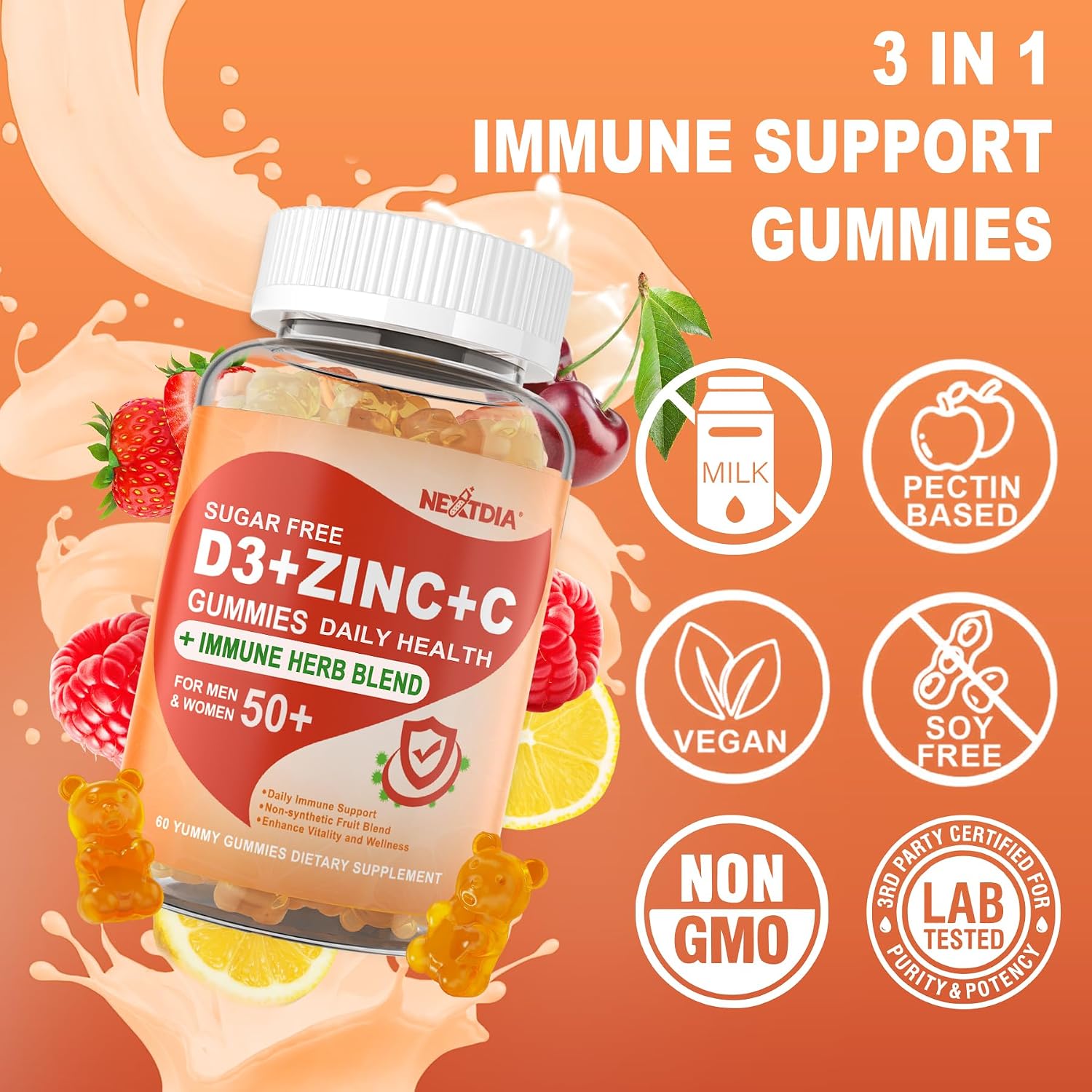 Gominolas Sin Azúcar de Vitamina C + D3 + Zinc para Adultos 50+, 9 en 1 Suplemento Defensa Inmune con D3 5000IU, Saúco, Equinácea, Gordolobo, Antioxidante, Vegano (Pack de 1)