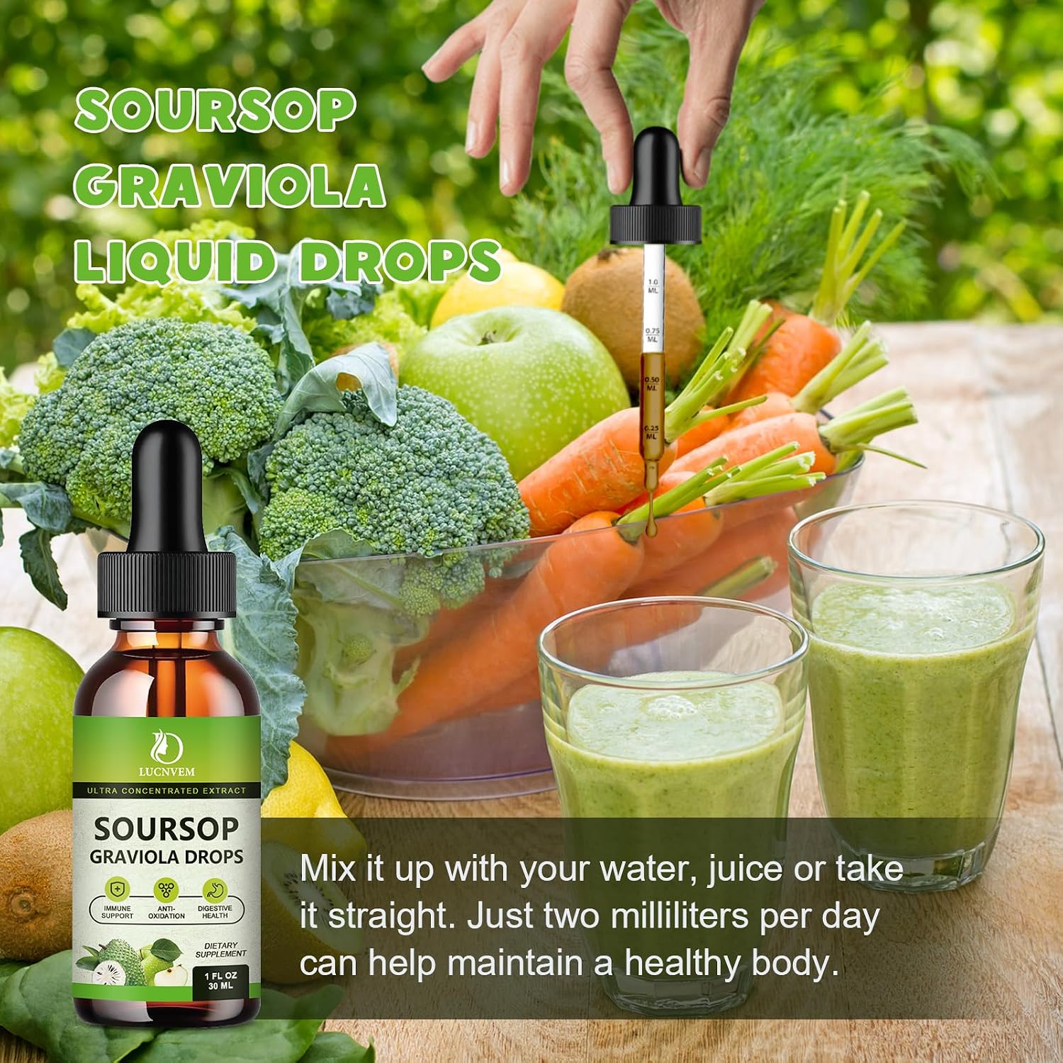 Gotas Orgánicas de Soursop Graviola - Extracto Líquido Puro con Sabor a Manzana - 60 ml (30 Días Vegano)
