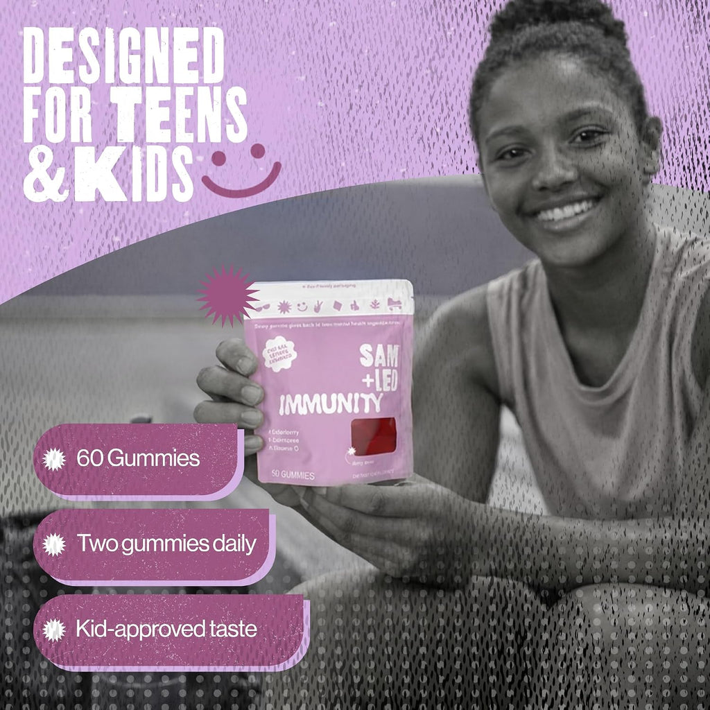 SAM+LEO Gominolas de defensas para niños y adolescentes – Saúco, equinácea, zinc y vitamina C – Sabor a bayas (60 unidades)