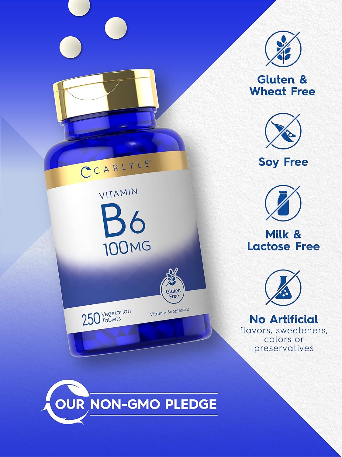 Carlyle Vitamina B6 100mg | 250 Comprimidos | Piridoxina Clorhidrato | Vegetariano, Sin Gluten, No GMO