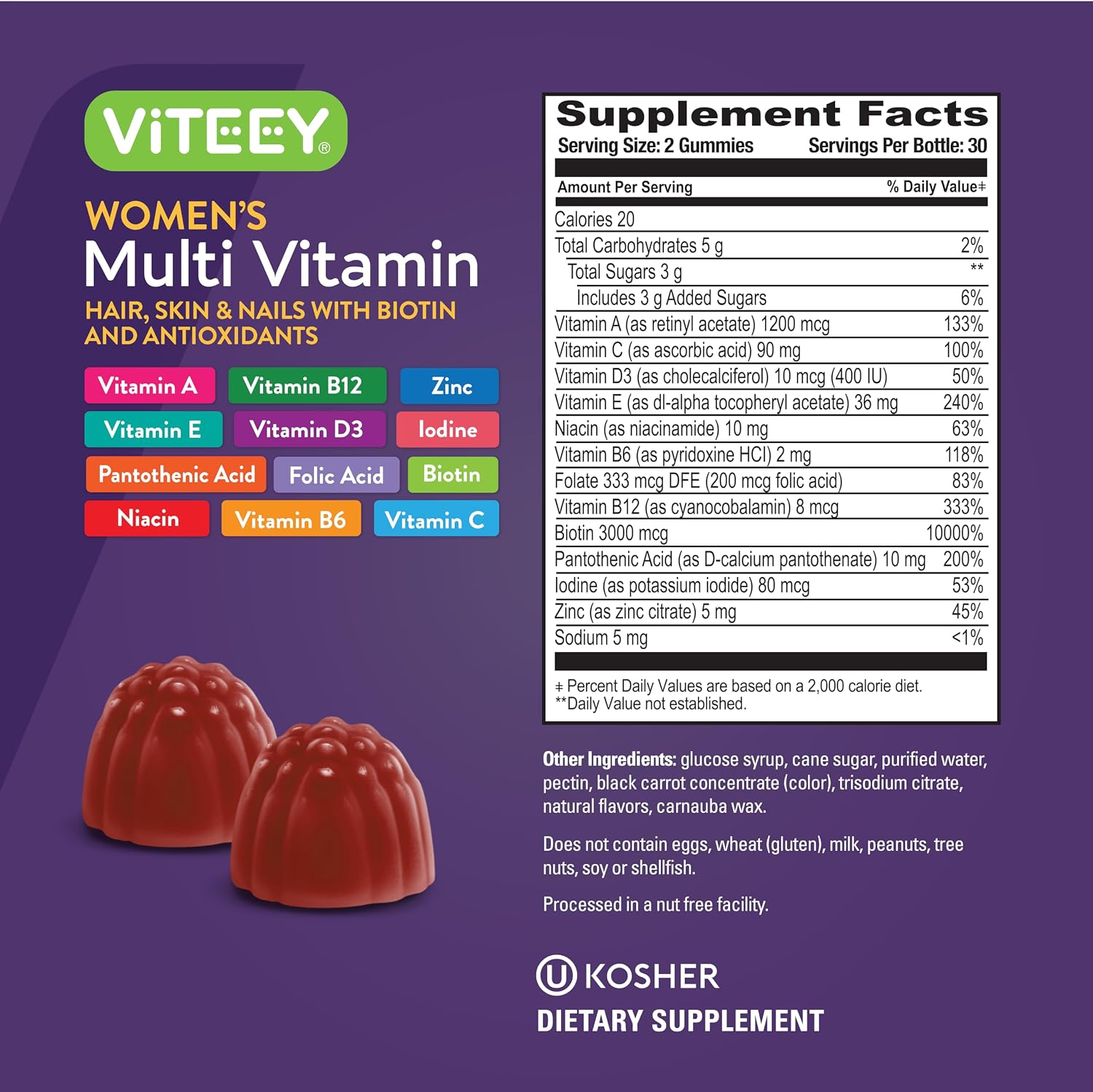 Viteey Gominolas Multivitamínicas para Mujeres - 12 Vitaminas y Minerales Esenciales - Sabor Frambuesa - 120 Gominolas