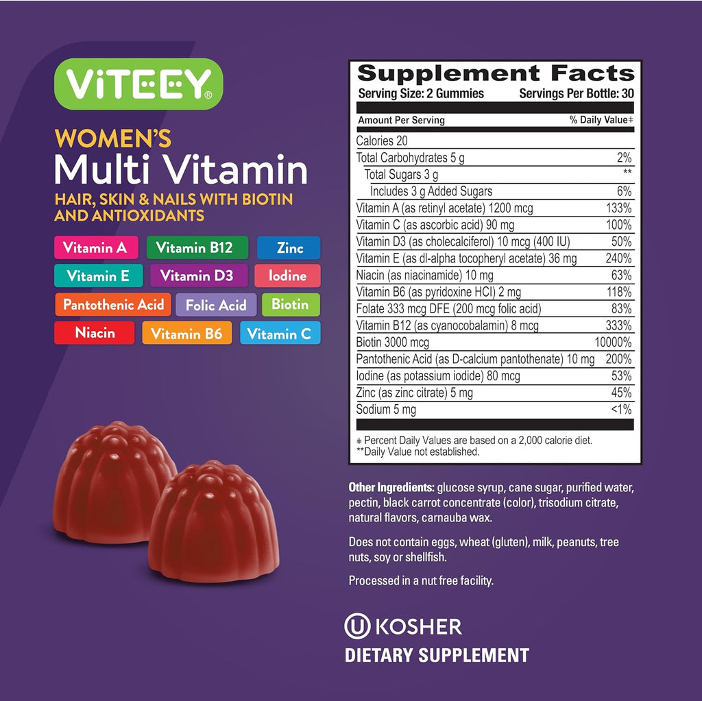 Viteey Multivitamínico en Gominolas para Mujeres - 12 en 1 con Vitaminas y Minerales - Sabor a Frambuesa - 60 Gominolas (1 Mes)