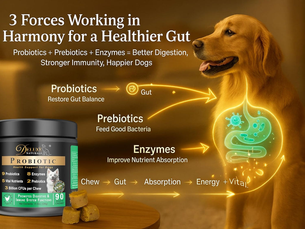 Deluxe Naturals Probiotic Soft Chews for Dogs – 360 masticables (4 x 90ct) – Apoyo Digestivo e Inmunitario con 9 Probióticos, 8 Enzimas, 2 Prebióticos y 5 Nutrientes Esenciales – Sabor a Pollo