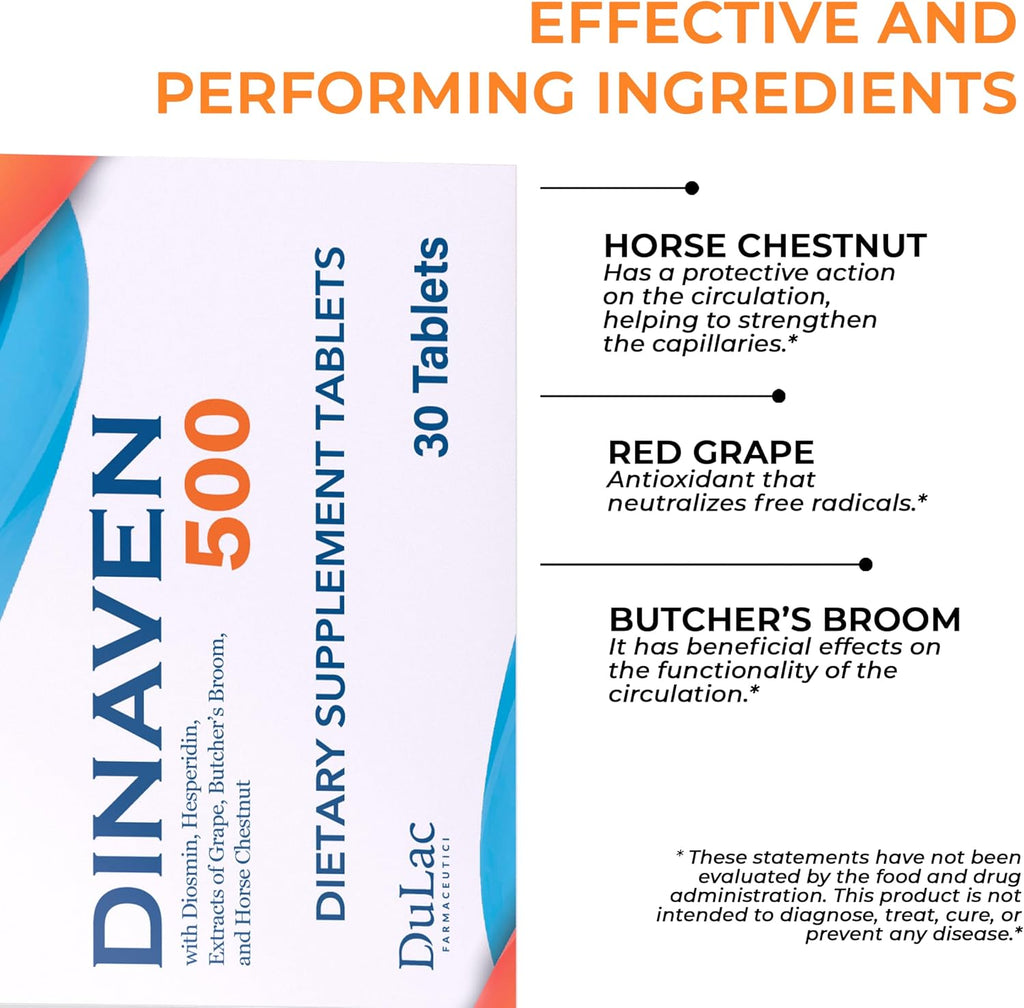 Dulac Dinaven 500 - Suplemento alimenticio con diosmina y hesperidina (1000 mg), extracto de castaño de indias, rusco y uva roja, para el soporte circulatorio de las piernas, 30 comprimidos, fabricado en Italia