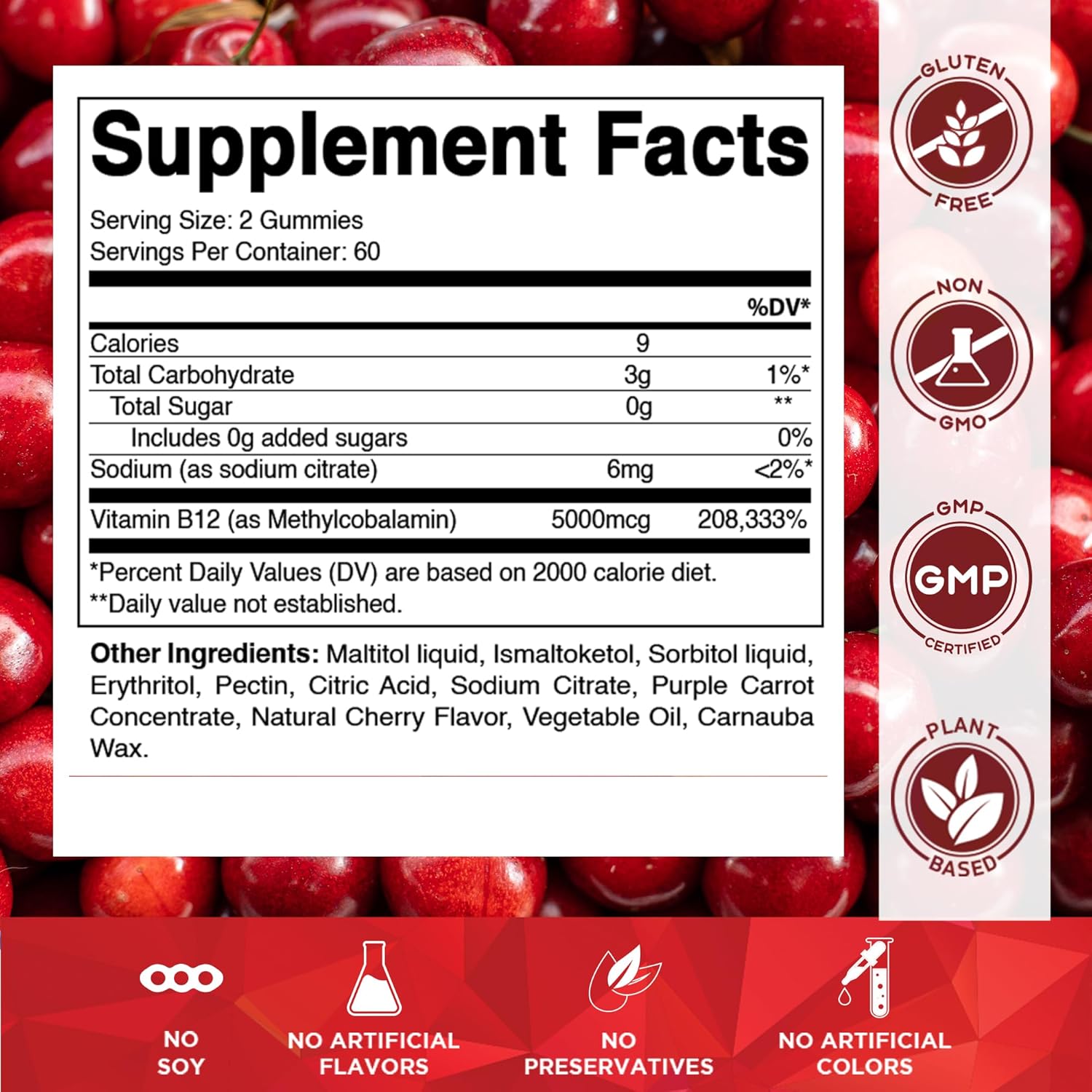Vitamatic Vitamina B12 5000 mcg (Metilcobalamina) Gominolas - 120 unidades - Apoyo al Metabolismo Energético y Salud del Sistema Nervioso, Sabor Natural a Cereza
