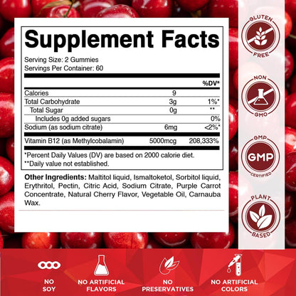 Vitamatic Vitamina B12 5000 mcg (Metilcobalamina) Gominolas - 120 unidades - Apoyo al Metabolismo Energético y Salud del – Image 2