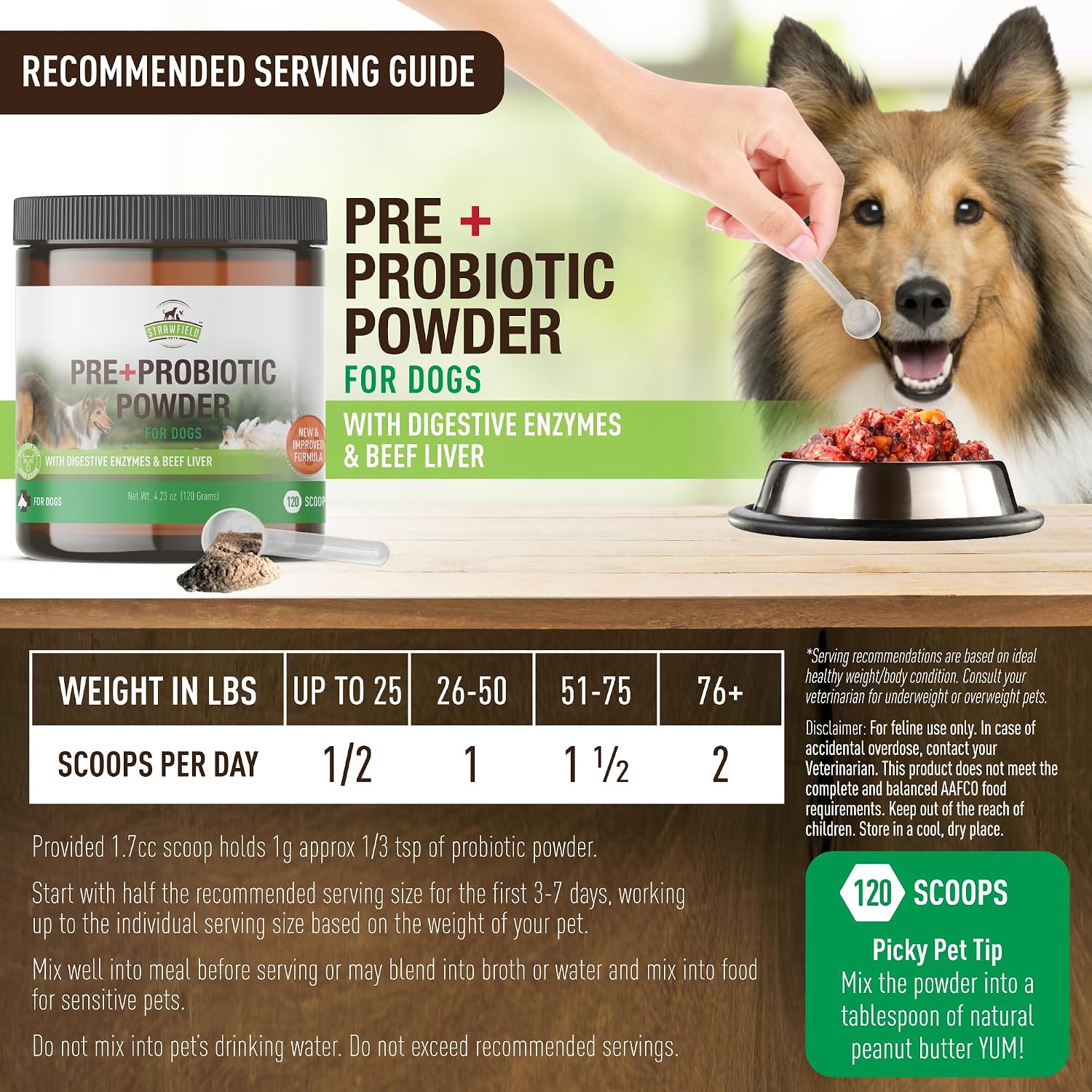 Pre + Probiotic Powder for Dogs with Digestive Enzymes - Sabor a Hígado de Ternera Natural - 120 Dosis