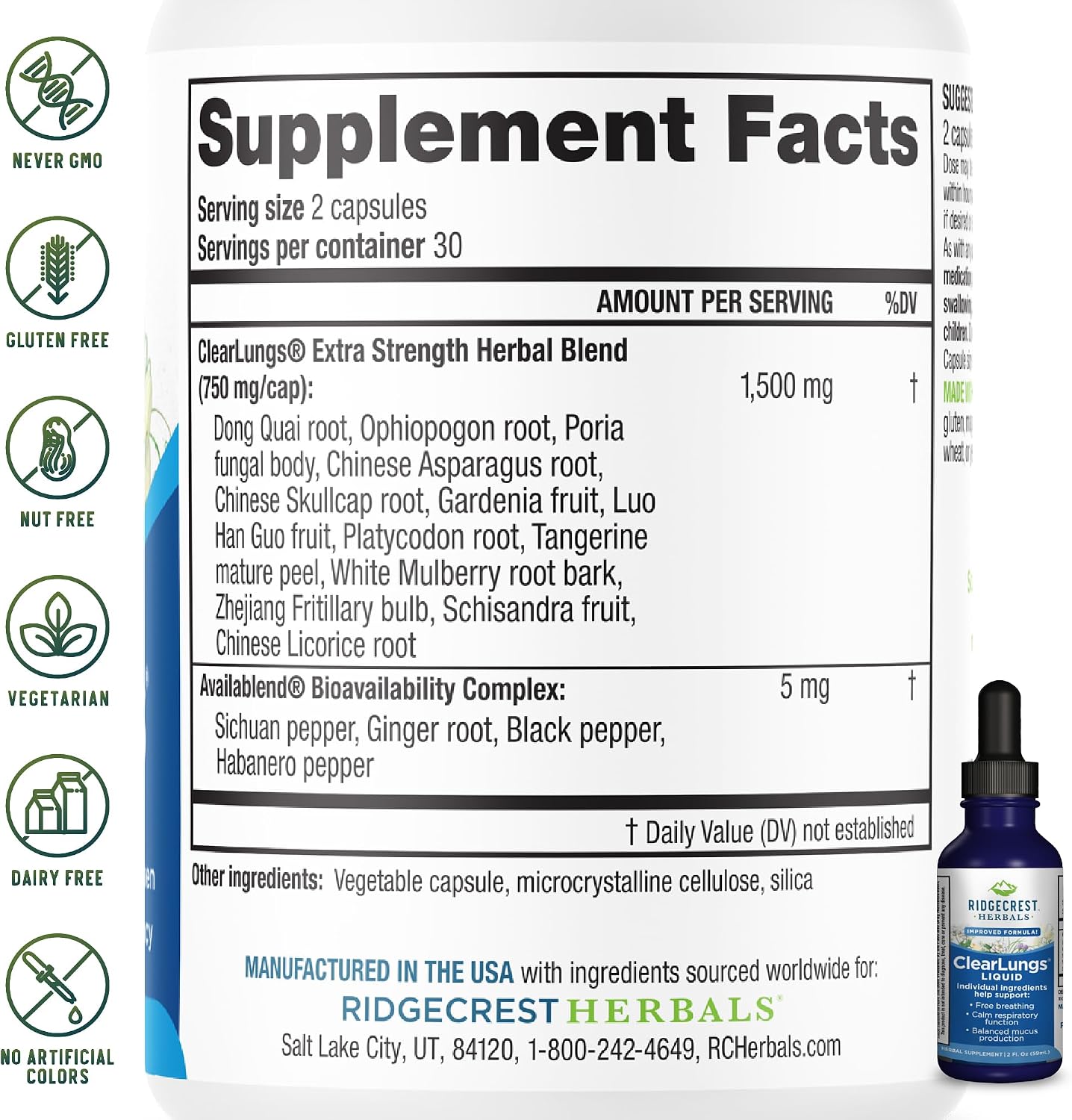 Ridgecrest Herbals ClearLungs Líquido, Suplemento Herbal para las Vías Respiratorias, Sabor Naranja, 59 ml
