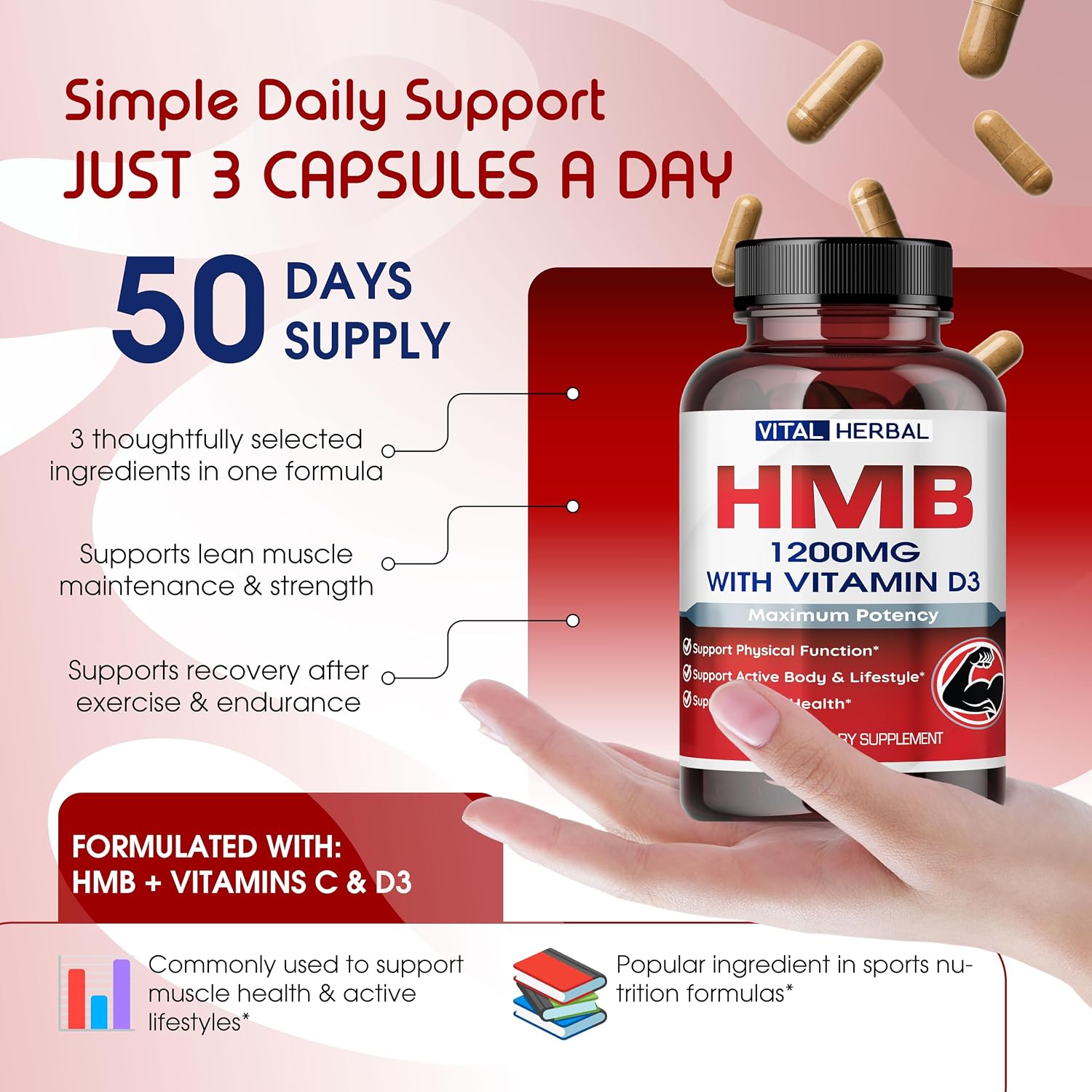 VITAL HERBAL Liposomal HMB con Vitamina D3 – Máxima Potencia – Apoya la Salud Muscular y el Cuerpo Activo