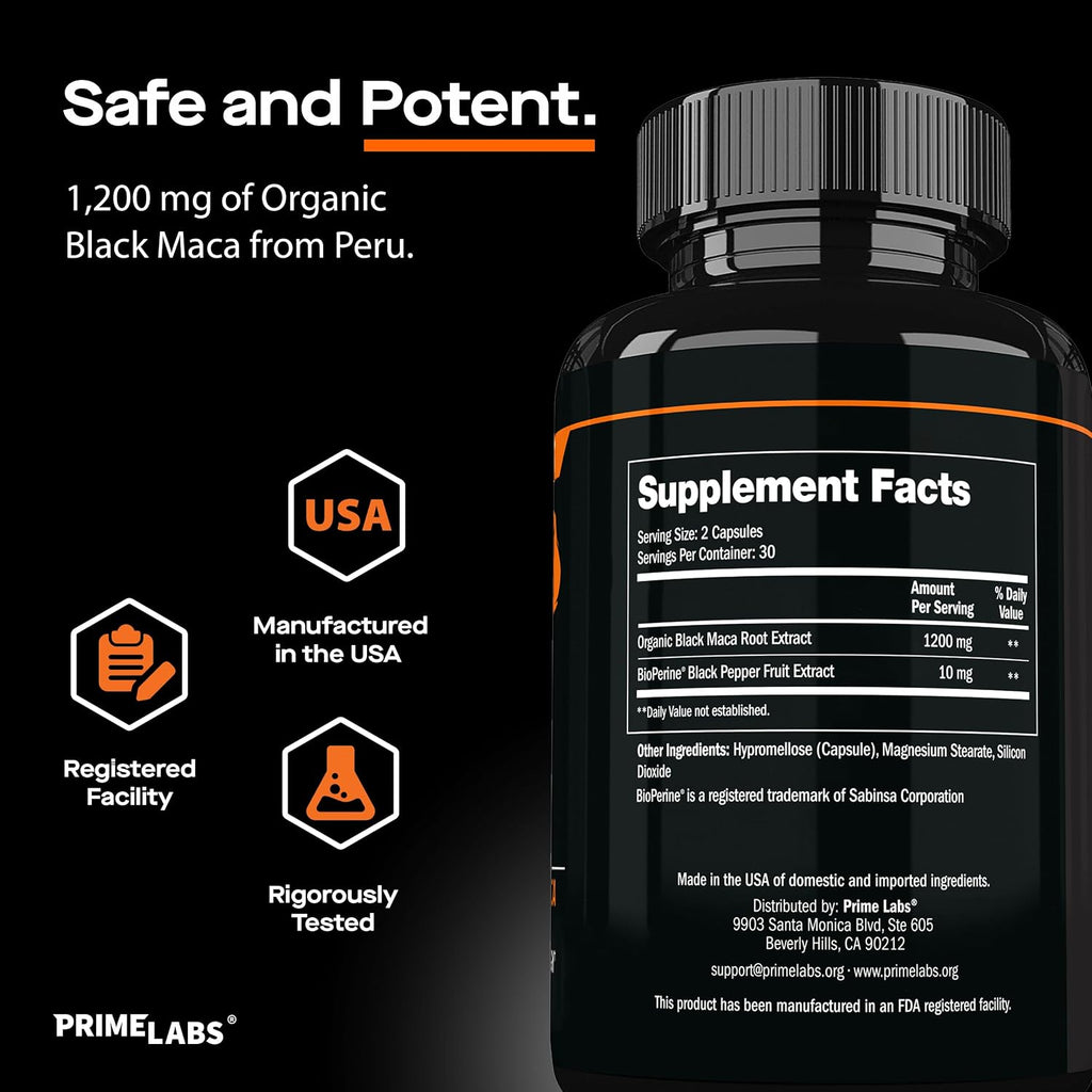 Prime Labs Maca Negra Orgánica 1200mg - Extracto 20:1 - 60 Cápsulas