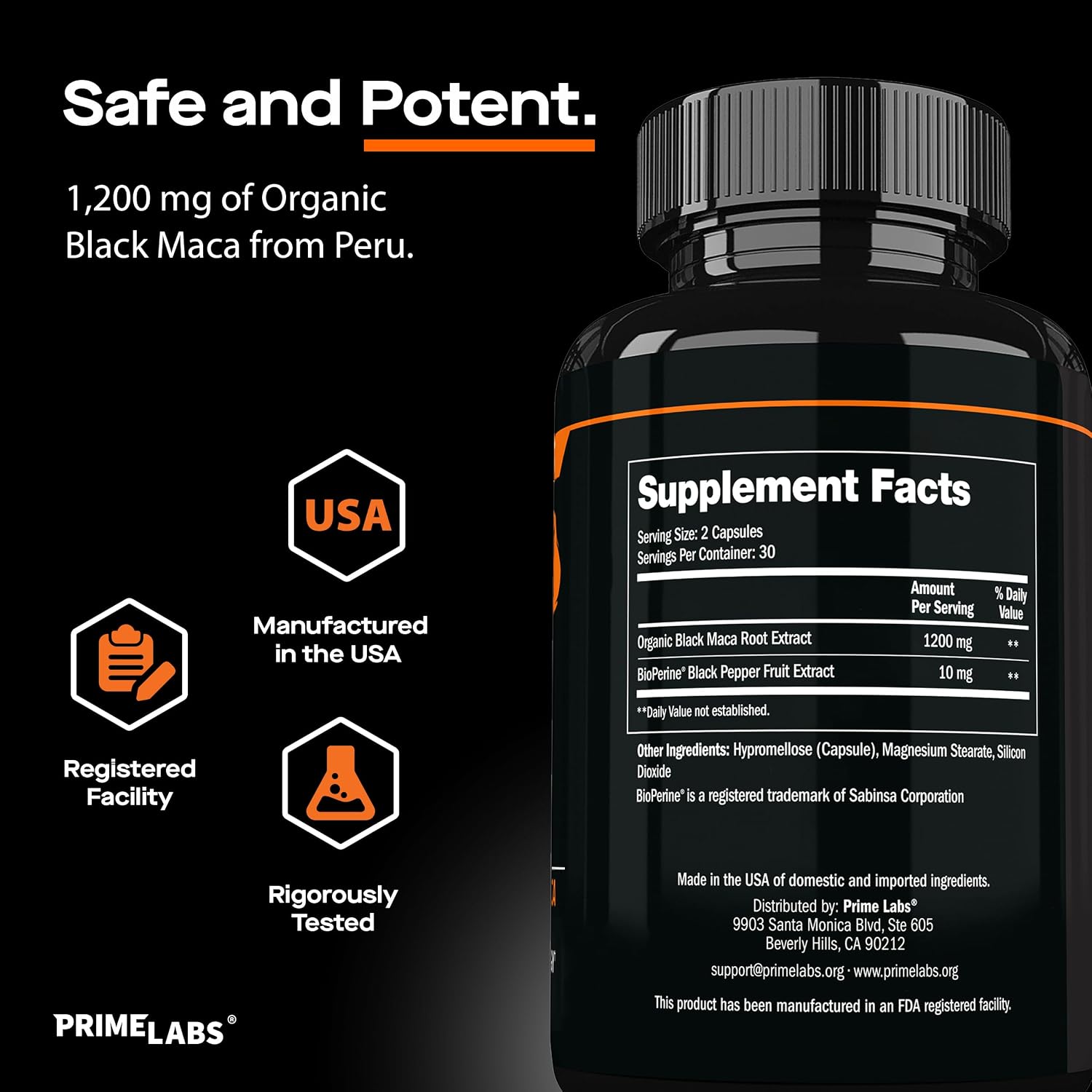 Prime Labs Maca Negra Orgánica 1200mg - Extracto 20:1 - 60 Cápsulas