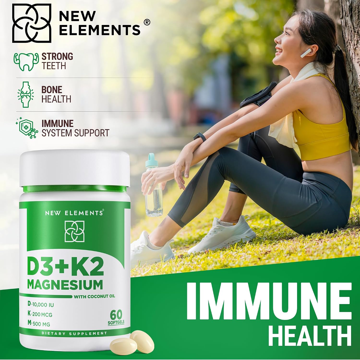 New Elements Vitamina D3 K2 10.000 UI con Magnesio Glicinato 500mg - 60 Cápsulas Blandas