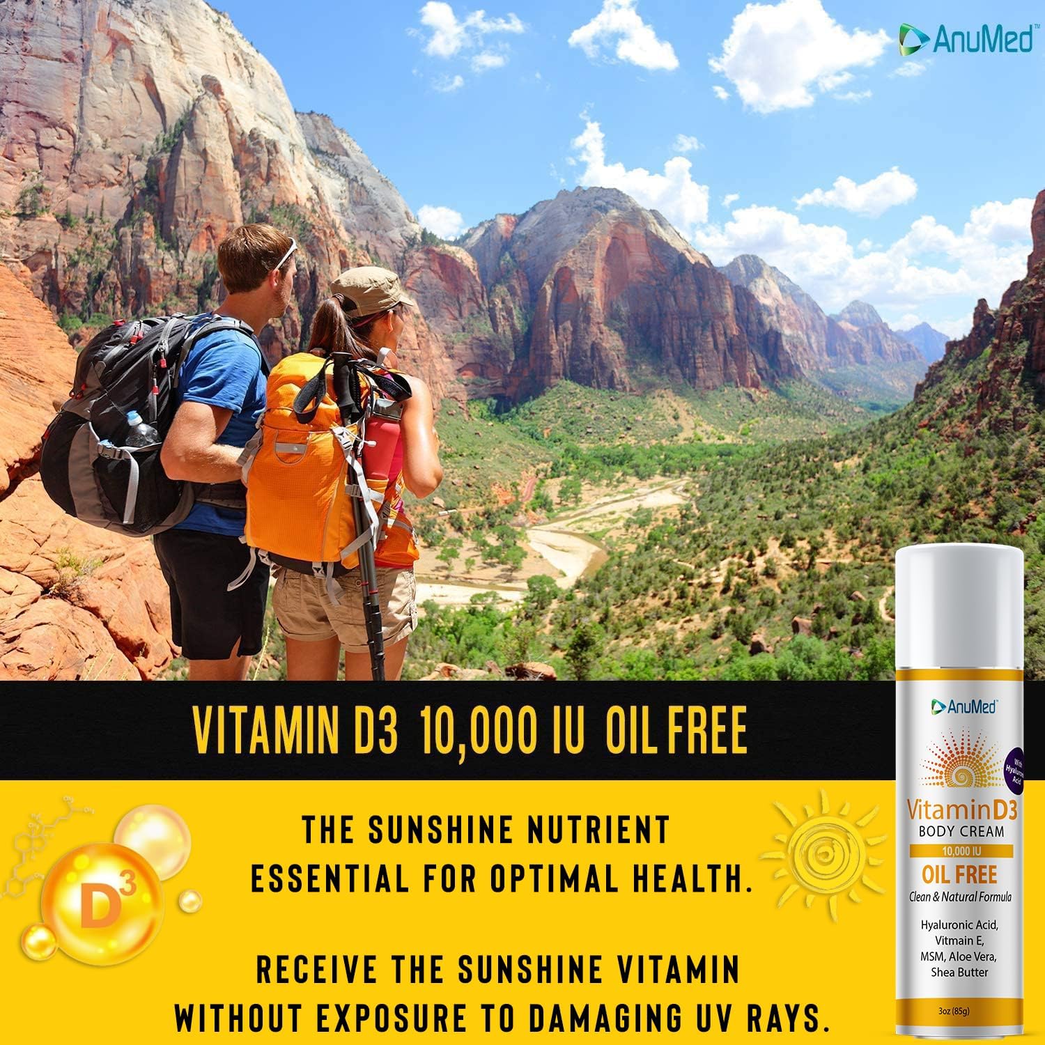 Crema de Vitamina D3 10,000 IU con Magnesio y Ácido Hialurónico – AnuMed – Oil-Free, Vegana (90 ml)