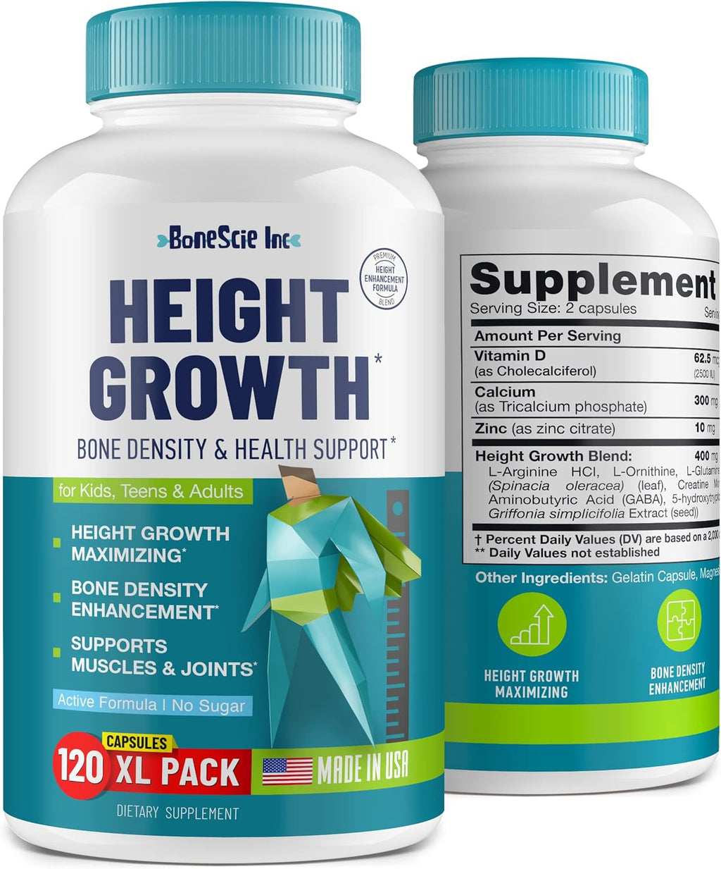 Height Growth Maximizer - Suplemento de Crecimiento con Calcio, Vitamina D3 y Zinc para Niños y Adolescentes - 120 Cápsulas