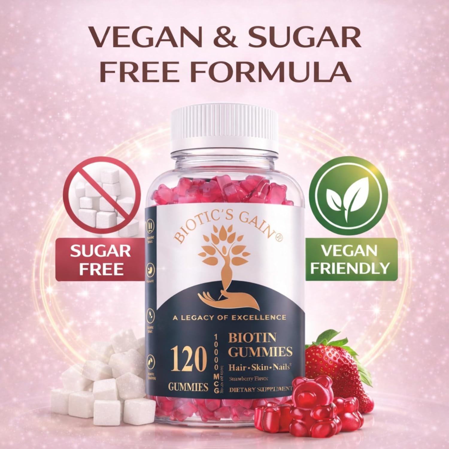 Biotic's Gain Biotin Gummies, 10000 mcg, Apoyo para Cabello, Piel y Uñas, con Vitaminas A C D E B6 B12 y Zinc, Vegano, Sin Azúcar, 120 Gominolas