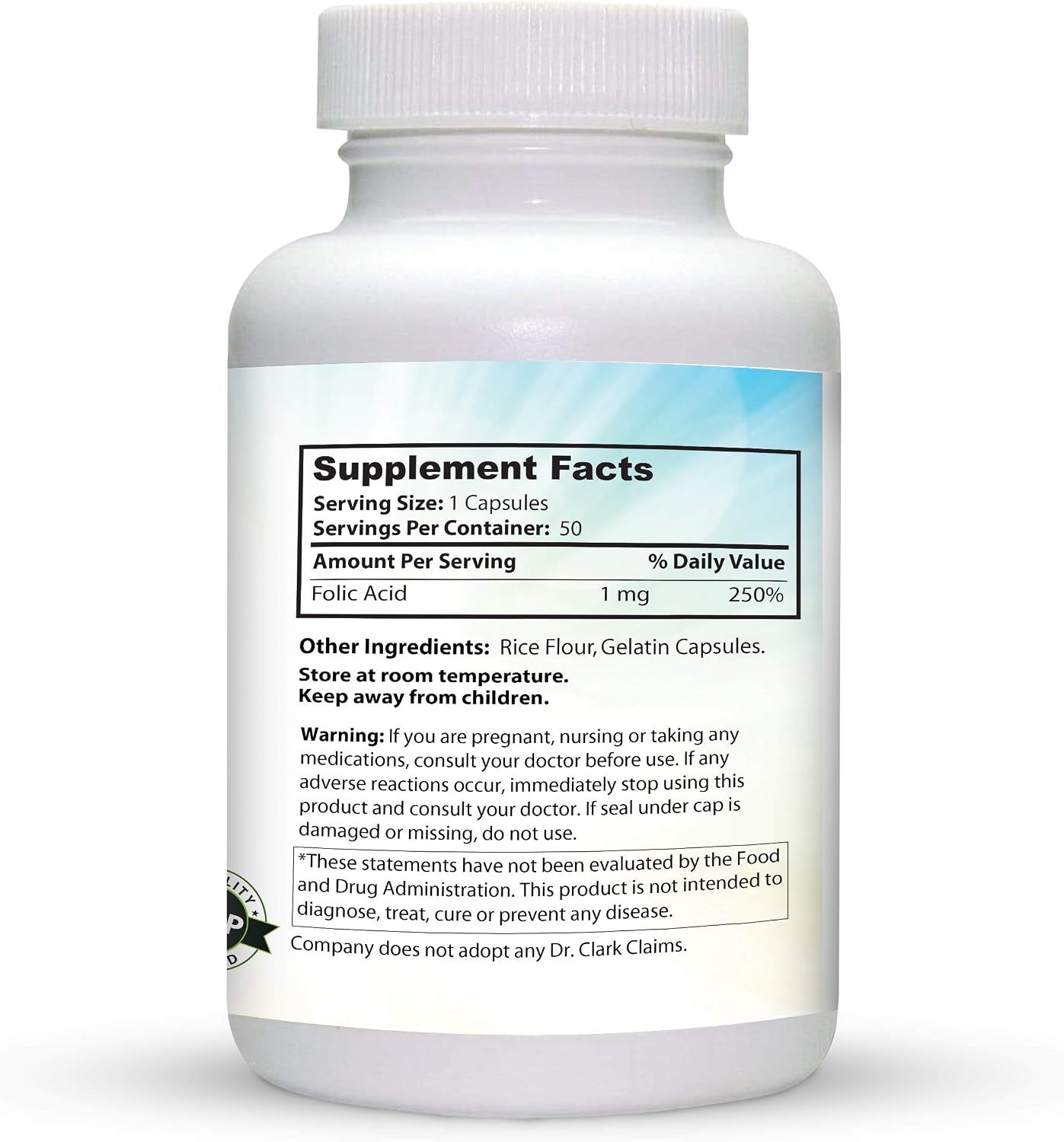 Dr. Clark Ácido Fólico (Vitamina B9) 1 mg, 100 Cápsulas de Gelatina