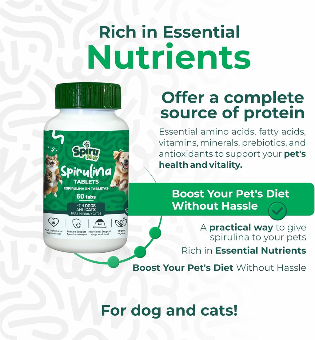 SPIRU PAW Comprimidos de Espirulina para Perros y Gatos - Complemento Natural con Microalgas - 60 Comprimidos
