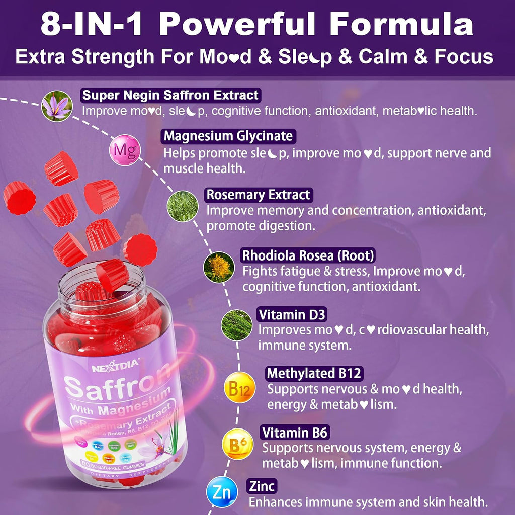 Happy Saffron Gummies - Suplemento de Azafrán con Magnesio y Vitaminas - 4 Meses de Suministro