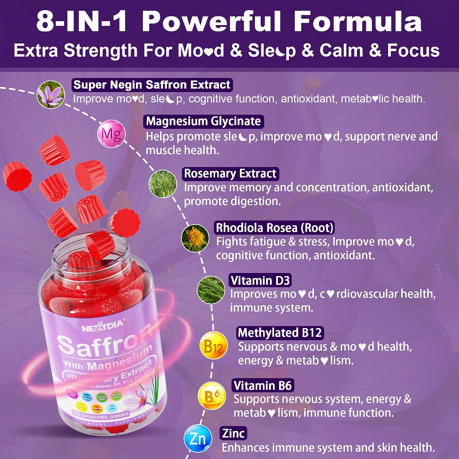 Happy Saffron Gummies - Suplemento de Azafrán con Magnesio y Vitaminas - 4 Meses de Suministro