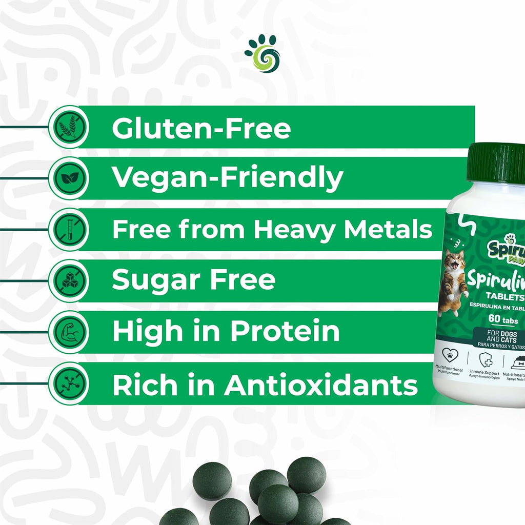 SPIRU PAW Comprimidos de Espirulina para Perros y Gatos - Complemento Natural con Microalgas - 60 Comprimidos