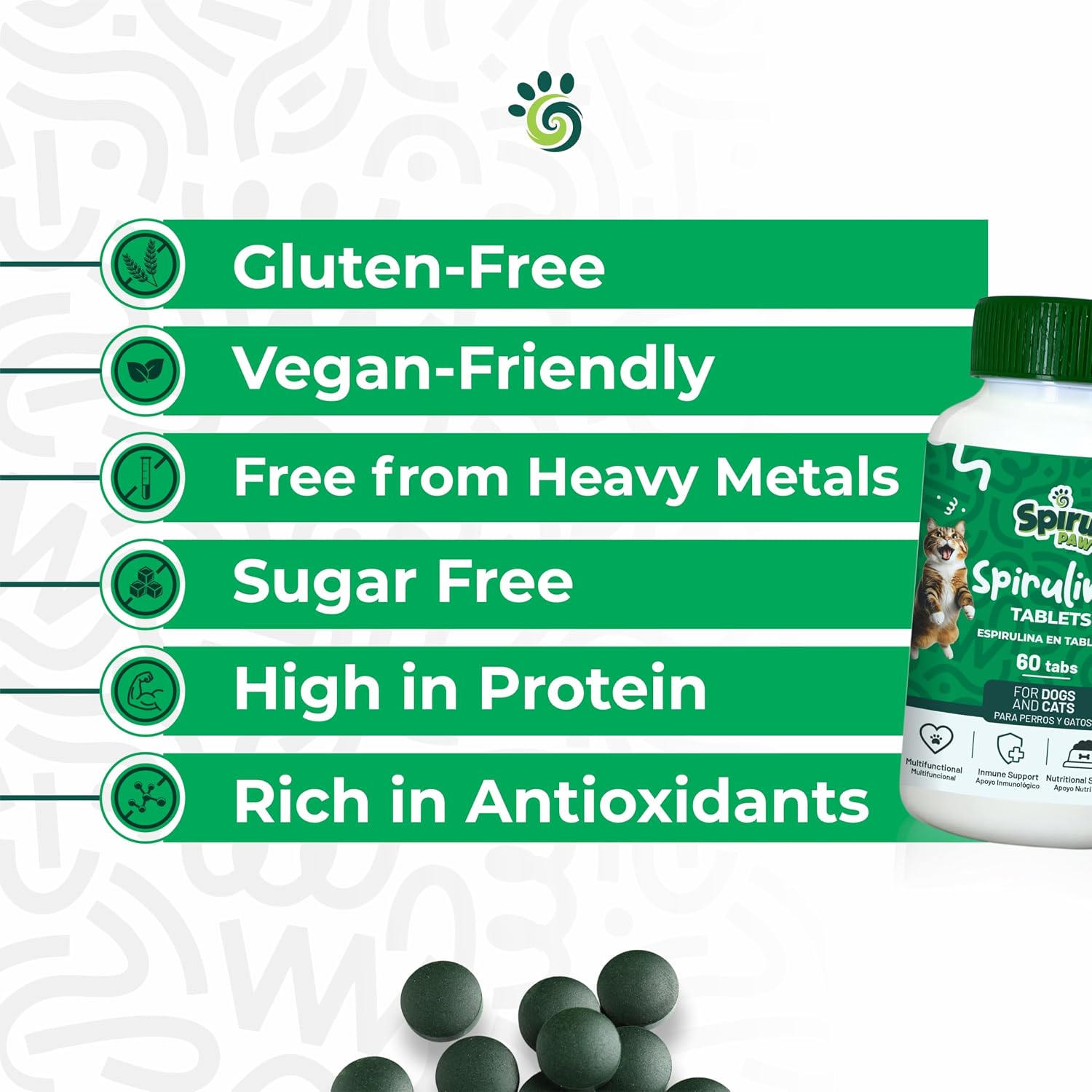SPIRU PAW Comprimidos de Espirulina para Perros y Gatos - Complemento Natural con Microalgas - 60 Comprimidos