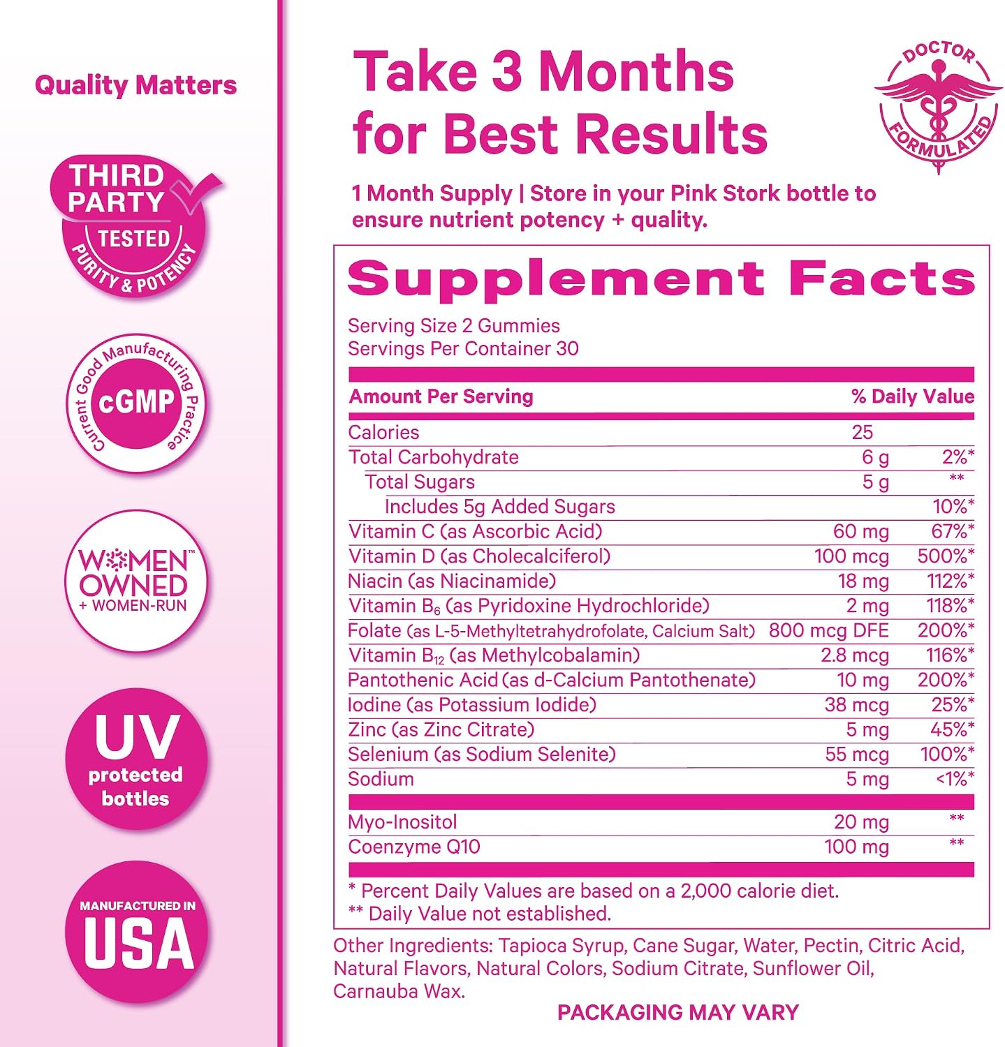 Pink Stork Gominolas de Fertilidad para Mujer - CoQ10, Myo-Inositol, Folato Metilado - 60 Gominolas