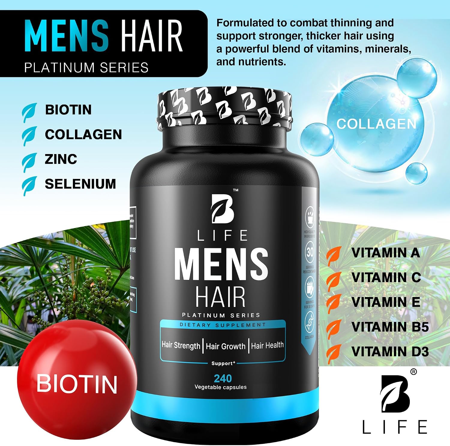 Men’s Hair Growth Supplement – Biotin & Collagen Hair Vitamins for Men – Thicker, Fuller Hair, Nail & Scalp Support – 240 Capsules