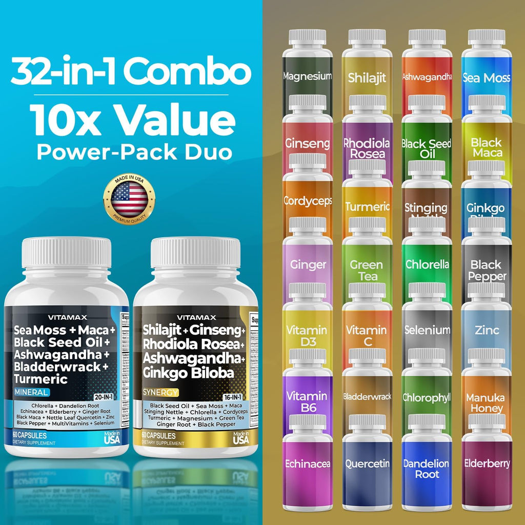 Vitamax Pure Himalayan Shilajit con Sea Moss, Ashwagandha, Bladderwrack y Ginkgo Biloba - Cápsulas Veganas
