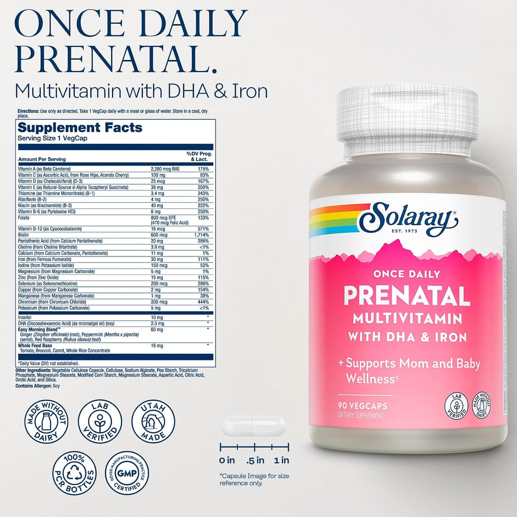 SOLARAY Daily Prenatal Multivitamin with DHA, Iron and Easy Morning - Whole Food Base - 90 Veg Capsules