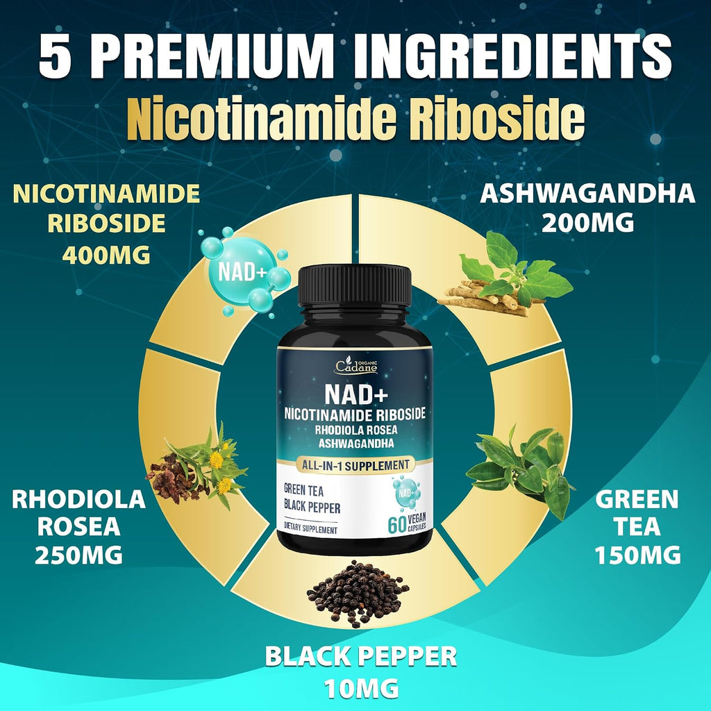 Organic Cadane Suplemento de Nicotinamida Ribósido con Rhodiola Rosea, Ashwagandha, Té Verde y Más | Salud Celular y Vitalidad | Vegano, No OGM – 60 Cápsulas